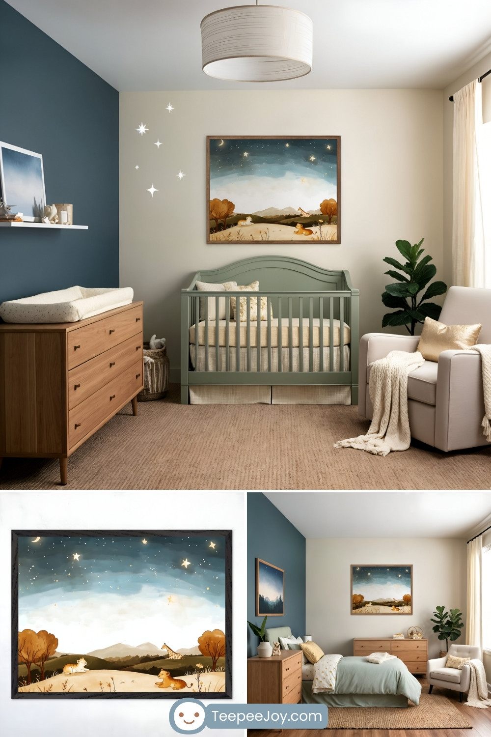Serene, nature-inspired nursery features a sage green crib against a soft cream wall. Above the crib hangs a dreamy nighttime painting of a starlit savanna, with lions resting on the grass, a giraffe in the distance, and a glowing sky filled with twinkling stars. The room is styled with a cozy white armchair, a warm beige throw blanket, a natural wood dresser, and soft neutral bedding. A deep blue accent wall adds contrast, while a plush beige rug and woven storage baskets enhance the calming atmosphere. Below the main image, two smaller images showcase a close-up of the starry savanna artwork in a black frame and a wider view of the room with a matching bed. The website 'TeepeeJoy.com' is visible at the bottom.