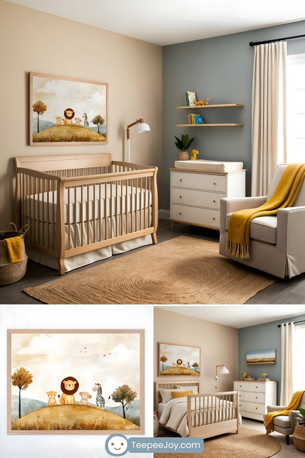 Modern safari-themed nursery featuring a neutral color palette of beige, cream, and soft gray. A wooden crib with cream bedding sits against a beige wall, above which hangs a framed illustration of a lion, zebra, and other animals on a hill under a cloudy sky. A white and wood dresser with floating shelves holding books and decor is positioned against a gray accent wall. A plush cream armchair with a mustard yellow throw blanket sits near a large window with flowing white curtains. A woven basket with a yellow towel, a textured beige rug, and soft lighting add warmth to the space. The bottom part of the image shows close-up details of the framed artwork and a different angle of the nursery. The logo 'TeepeeJoy.com' is visible at the bottom.