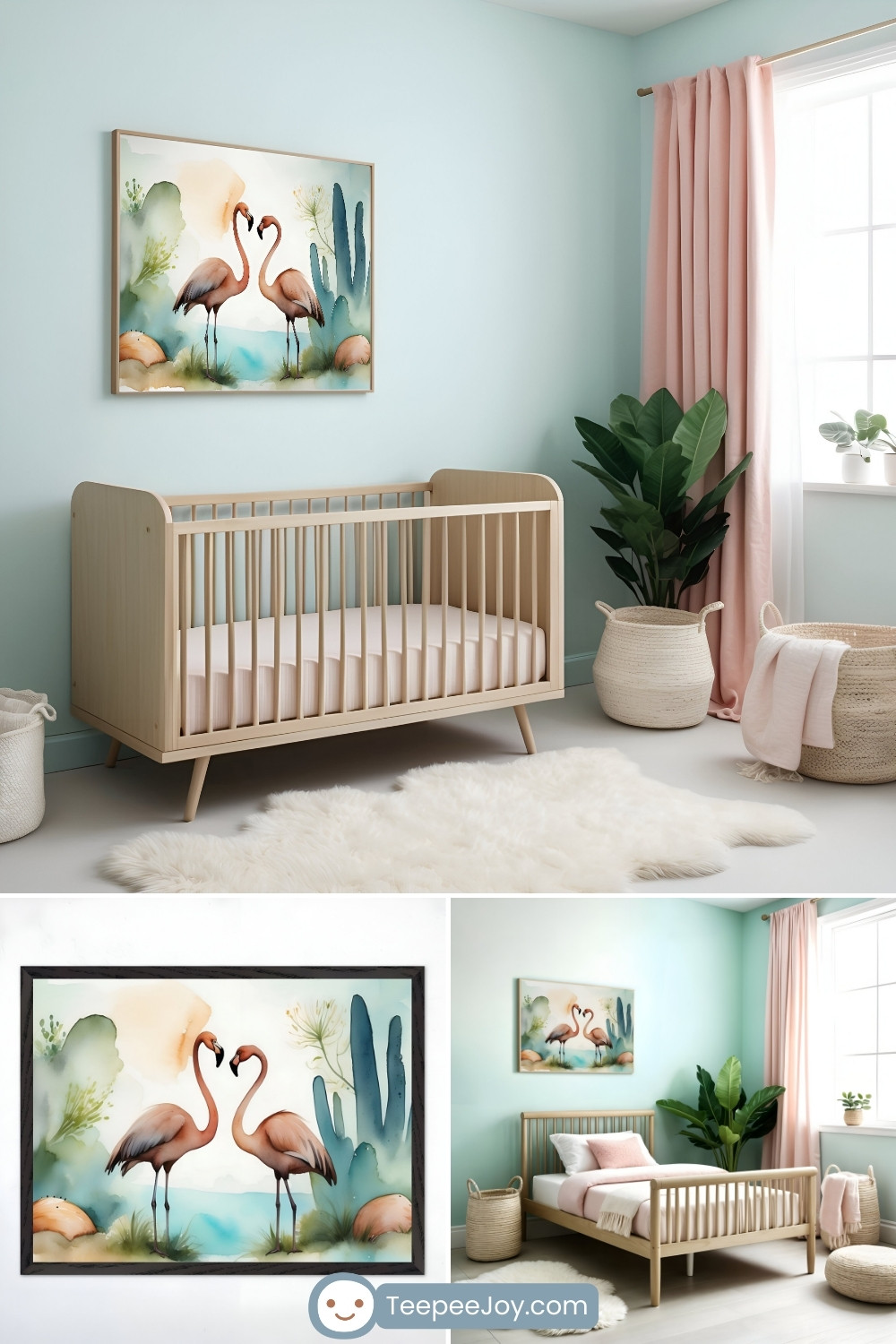 Serene nursery decorated in soft pastel tones features a light wood crib against a mint green wall. Above the crib hangs a watercolor-style painting of two flamingos touching beaks, surrounded by abstract greenery and a soft blue sky. A large potted plant, woven storage baskets, blush pink curtains, and a fluffy white rug complete the cozy and elegant space. Below the main image, two smaller images showcase a close-up of the flamingo artwork in a black frame and a different angle of the nursery with a matching bed setup. The website 'TeepeeJoy.com' is visible at the bottom.