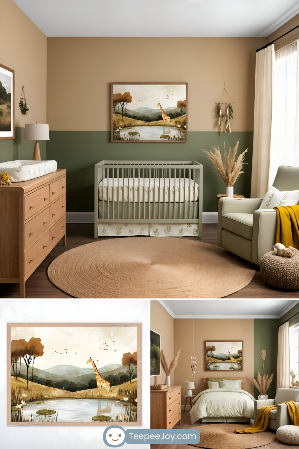 A beautifully styled safari-themed nursery with a soothing green and beige color palette. A muted sage-green crib with botanical-patterned bedding sits against a two-tone wall, featuring a soft beige upper section and a deep green lower section. Above the crib hangs a framed illustration of a giraffe standing near a pond, surrounded by trees and rolling hills under a pastel sky. A wooden dresser with a changing pad and a simple lamp stands to the left, while a cozy armchair with a mustard yellow throw blanket and a woven ottoman is placed near a large window with flowing cream curtains. Natural textures like a round jute rug, dried pampas grass, and wooden furniture enhance the warm and organic feel of the space. The bottom part of the image showcases a close-up of the giraffe artwork and an alternate view of the room styled as a toddler’s bedroom. The 'TeepeeJoy.com' logo is visible at the bottom.