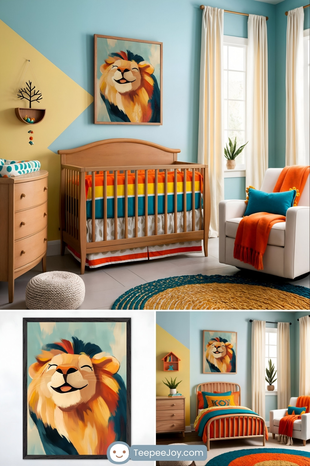 Vibrant safari-themed nursery featuring a cheerful color palette of bright blue, orange, and yellow. A wooden crib with bold, striped bedding in warm and cool tones sits against a light blue wall with a yellow geometric accent. Above the crib, a framed painting of a smiling lion with a flowing mane in rich hues adds a playful touch. A cozy white armchair with a burnt orange throw and a blue pillow is placed near large windows with flowing cream curtains. A wooden dresser with a curved design, a woven pouf, and a round, two-toned rug in blue and gold complete the space. The bottom part of the image provides a close-up of the lion artwork and an alternate view of the room styled as a toddler's bedroom with matching bedding and decor. The 'TeepeeJoy.com' logo is visible at the bottom.