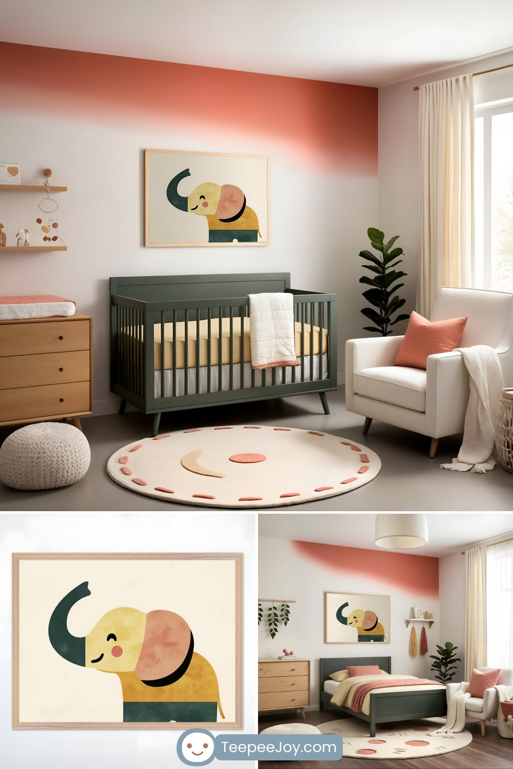 Soft and modern safari-themed nursery with a warm, minimalist aesthetic. A deep green crib with muted yellow bedding is set against a white wall with a gentle coral ombre effect. Above the crib hangs a framed abstract elephant illustration in shades of mustard, coral, and forest green. A wooden dresser with a changing pad, floating shelves with decorative elements, and a cozy white armchair with a coral throw pillow complete the space. A round cream rug with subtle embroidered details adds texture, while natural light filters through sheer cream curtains. The bottom section of the image features a close-up of the elephant artwork and an alternate view of the room styled as a toddler’s bedroom with a matching bed and decor. The 'TeepeeJoy.com' logo is visible at the bottom.