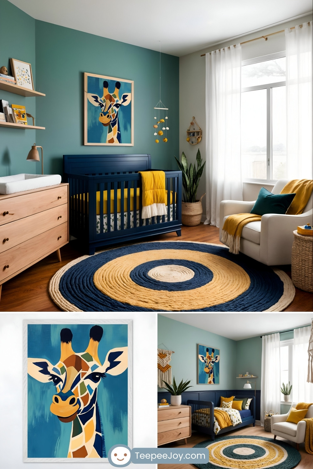 A bold and modern safari-themed nursery with a deep teal and mustard yellow color scheme. A navy blue crib with mustard and patterned bedding is positioned against a rich teal wall, with a geometric giraffe artwork in shades of blue, orange, and yellow hanging above it. A round, braided rug in navy, mustard, and cream anchors the space, complementing the wooden dresser, floating shelves, and a white armchair with coordinating throw pillows and a blanket. A woven ottoman, hanging wall decor, and a mobile with soft, neutral-colored spheres add warmth and texture. Large windows with sheer white curtains let in plenty of natural light. The bottom section of the image showcases a close-up of the giraffe painting and an alternate view of the room styled as a toddler’s bedroom with a matching navy blue bed and decor. The 'TeepeeJoy.com' logo is visible at the bottom.