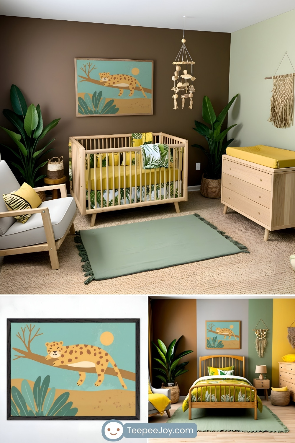 Safari-themed nursery with earthy tones features a light wood crib against a brown accent wall. Above the crib hangs a minimalist, illustrated artwork of a cheetah resting on a tree branch against a muted blue sky with a sun. The nursery is decorated with lush green plants, a macrame wall hanging, a wooden mobile, and bedding in a mix of mustard yellow and tropical leaf patterns. A soft sage green rug lies on a woven beige carpet, complementing the room’s natural aesthetic. Below the main image, two smaller images display a close-up of the cheetah artwork in a black frame and a wider view of the room with a matching bed. The website 'TeepeeJoy.com' is visible at the bottom.