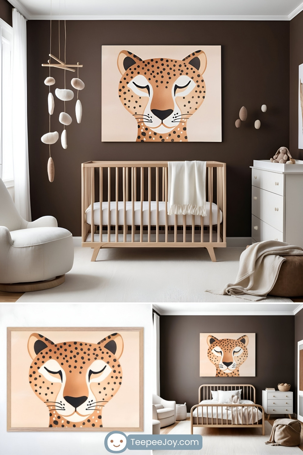 Modern safari-themed nursery features a light wood crib against a rich brown accent wall. Above the crib hangs a bold, minimalist illustration of a cheetah's face with closed eyes, in warm tan and brown tones. The room is styled with neutral decor, including a white rocking chair, a wooden and fabric mobile, a soft cream rug, and a white dresser with plush toys. Below the main image, two smaller images show a close-up of the cheetah artwork in a natural wood frame and a wider view of the room with a matching bed. The website 'TeepeeJoy.com' is visible at the bottom.