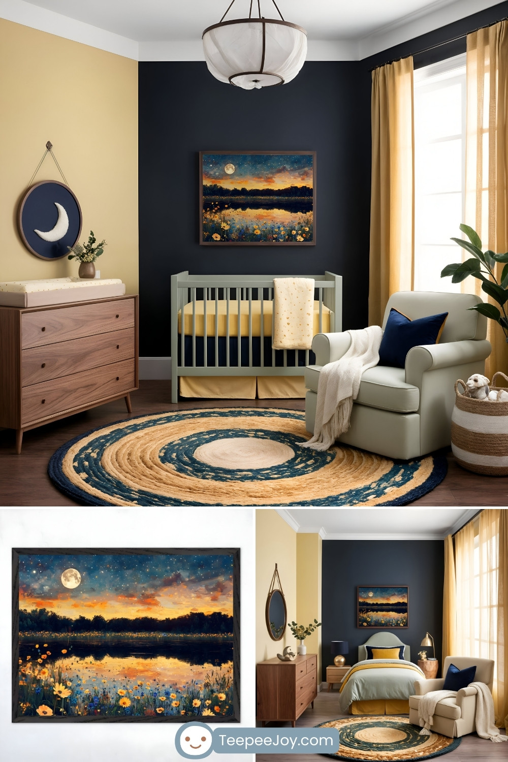 Serene nursery with a navy and golden-yellow color palette, featuring a sage green crib beneath a framed painting of a moonlit lake surrounded by wildflowers. The deep navy accent wall contrasts with soft yellow decor, including a round woven rug with a celestial-inspired design, a cozy rocking chair with navy and cream pillows, and a wooden dresser with a crescent moon wall hanging above it. The bottom section highlights a close-up of the artwork and an alternate room setup with a toddler bed, continuing the tranquil, nature-inspired theme. The TeepeeJoy.com logo is displayed at the bottom.