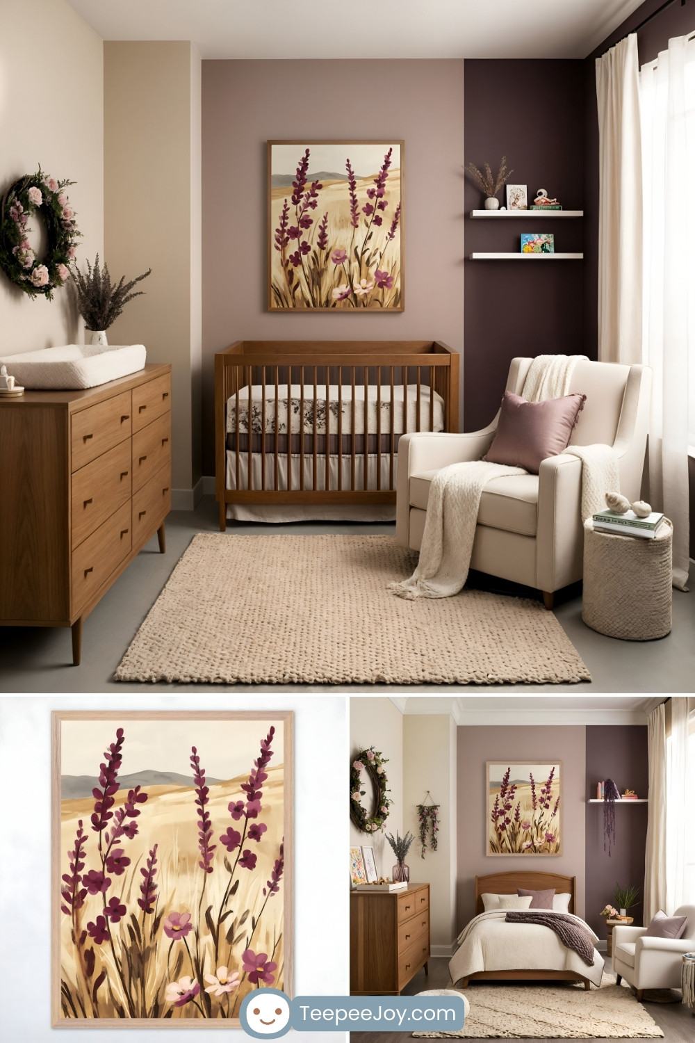 Warm and elegant nursery with earthy tones, featuring a wooden crib against a mauve and taupe accent wall. Above the crib hangs a framed painting of wildflowers in shades of deep purple and soft pink against a golden field. The room includes a cream-colored rocking chair with a mauve pillow, a textured beige rug, and a wooden dresser adorned with dried flowers and a floral wreath. The bottom section showcases a close-up of the artwork and an alternate room setup with a toddler bed, maintaining the soft, nature-inspired aesthetic. The TeepeeJoy.com logo is displayed at the bottom.