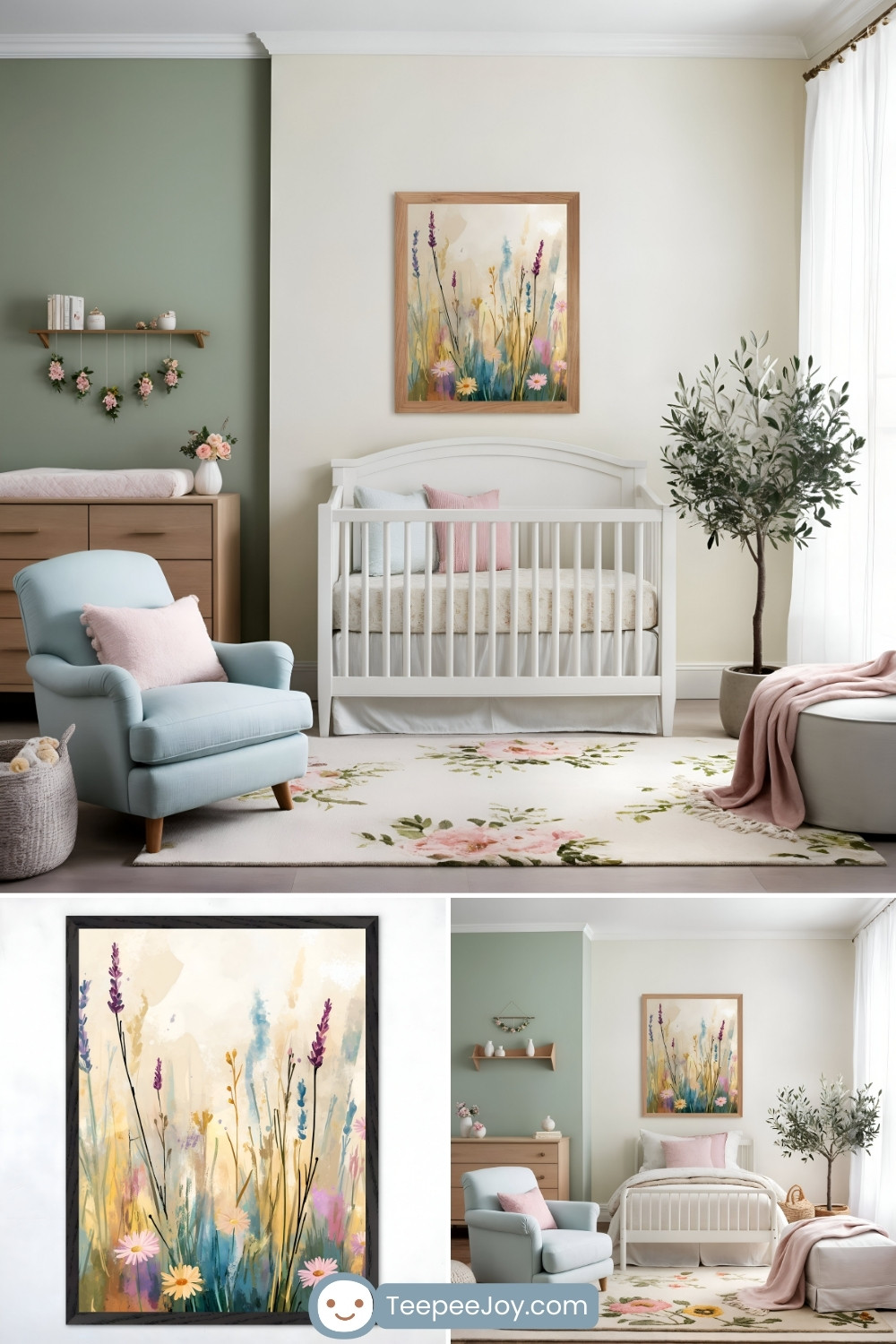 Soft and airy nursery with a botanical theme, featuring a white crib beneath a framed painting of colorful wildflowers in pastel hues. The room has a sage green and cream color palette, complemented by a light blue armchair with a blush pink pillow, a wooden dresser adorned with floral decor, and a floral-patterned rug. A potted olive tree and delicate hanging flower garland add to the natural, serene aesthetic. The bottom section highlights a close-up of the artwork and an alternate room layout with a toddler bed, maintaining the gentle, garden-inspired theme. The TeepeeJoy.com logo is displayed at the bottom.