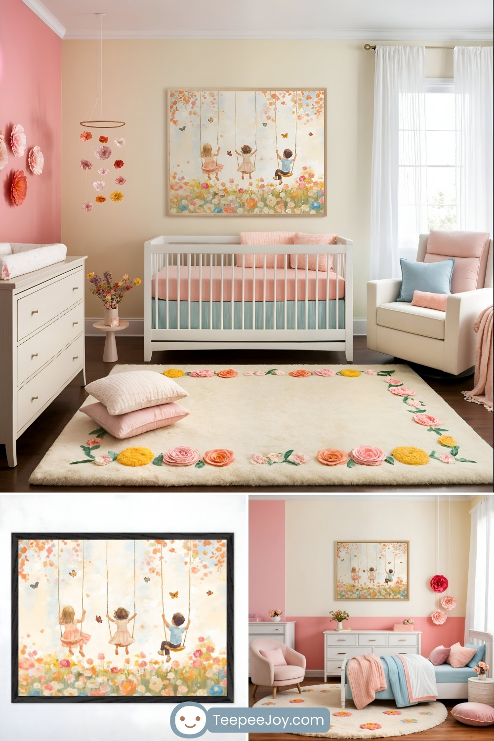 Whimsical nursery with a soft pink and cream color palette, featuring a white crib beneath a framed painting of three children on swings surrounded by blooming flowers and butterflies. The room is decorated with floral elements, including a plush rug with embroidered flowers, a delicate hanging flower mobile, and a dresser adorned with pastel blooms. A cozy cream rocking chair with pink and blue accent pillows adds to the dreamy atmosphere. The bottom section showcases a close-up of the artwork and an alternate room layout with a toddler bed, continuing the enchanting, garden-inspired theme. The TeepeeJoy.com logo is displayed at the bottom.
