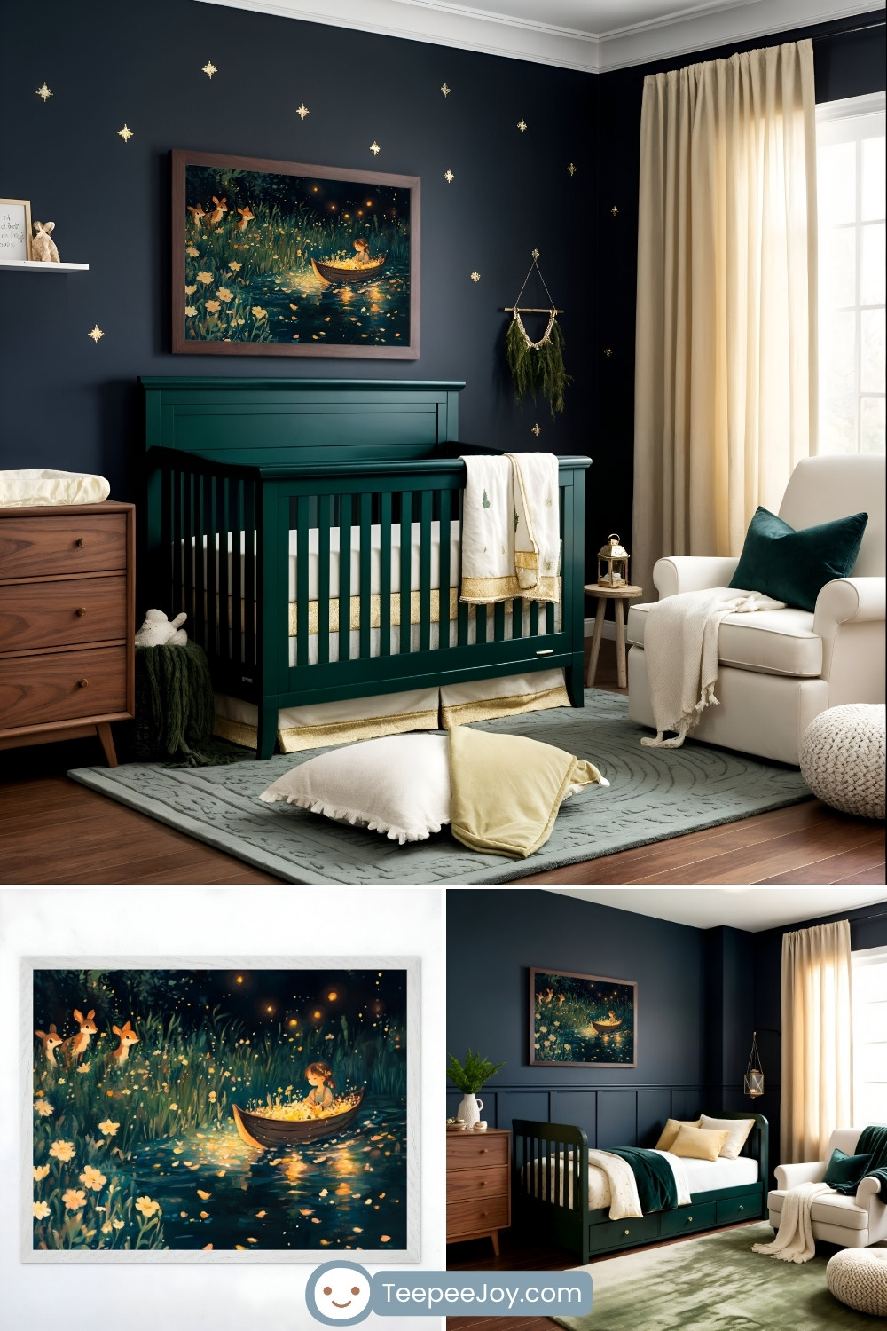 A cozy nursery and bedroom featuring a dark green crib and bed against deep navy walls adorned with gold star decals. The room has warm beige curtains, a white armchair, and soft accent pillows in cream and gold tones. A framed artwork above the crib depicts a whimsical scene of a child in a boat surrounded by glowing fireflies, with deer watching from the grassy riverbank. The serene and magical atmosphere is complemented by wooden furniture, soft textures, and nature-inspired decor.