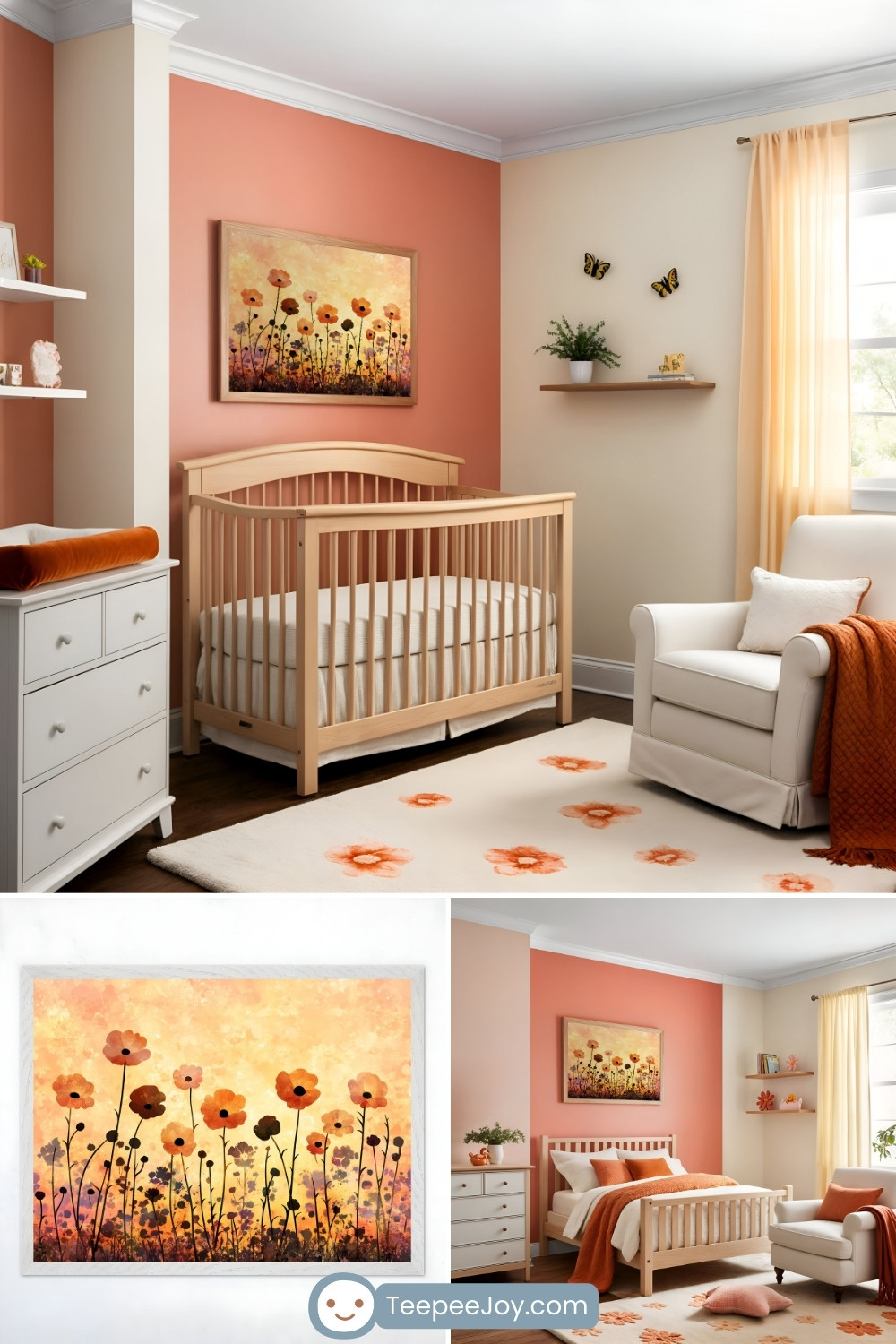 Cozy nursery room with a warm wildflower theme, featuring a natural wood crib against a peach accent wall. Above the crib hangs a floral painting with orange and yellow hues, complementing the soft cream and burnt orange decor. A matching rug with delicate flower prints, a white dresser with orange accents, and a cushioned rocking chair with a cozy throw complete the space. The bottom section of the image showcases a close-up of the floral artwork and an alternate room layout with a toddler bed, keeping the warm, nature-inspired aesthetic. The TeepeeJoy.com logo is displayed at the bottom.