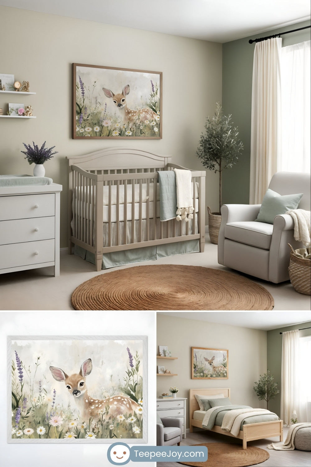 Tranquil nursery and bedroom with soft earth tones, featuring a beige crib and a natural wood bed against sage green and cream-colored walls. A framed artwork above the crib showcases a delicate watercolor-style fawn surrounded by wildflowers in soft pastel hues. The room is styled with cozy textiles, including a woven jute rug, a cream armchair with a sage green pillow, and natural wood and wicker accents, creating a calming, nature-inspired retreat.