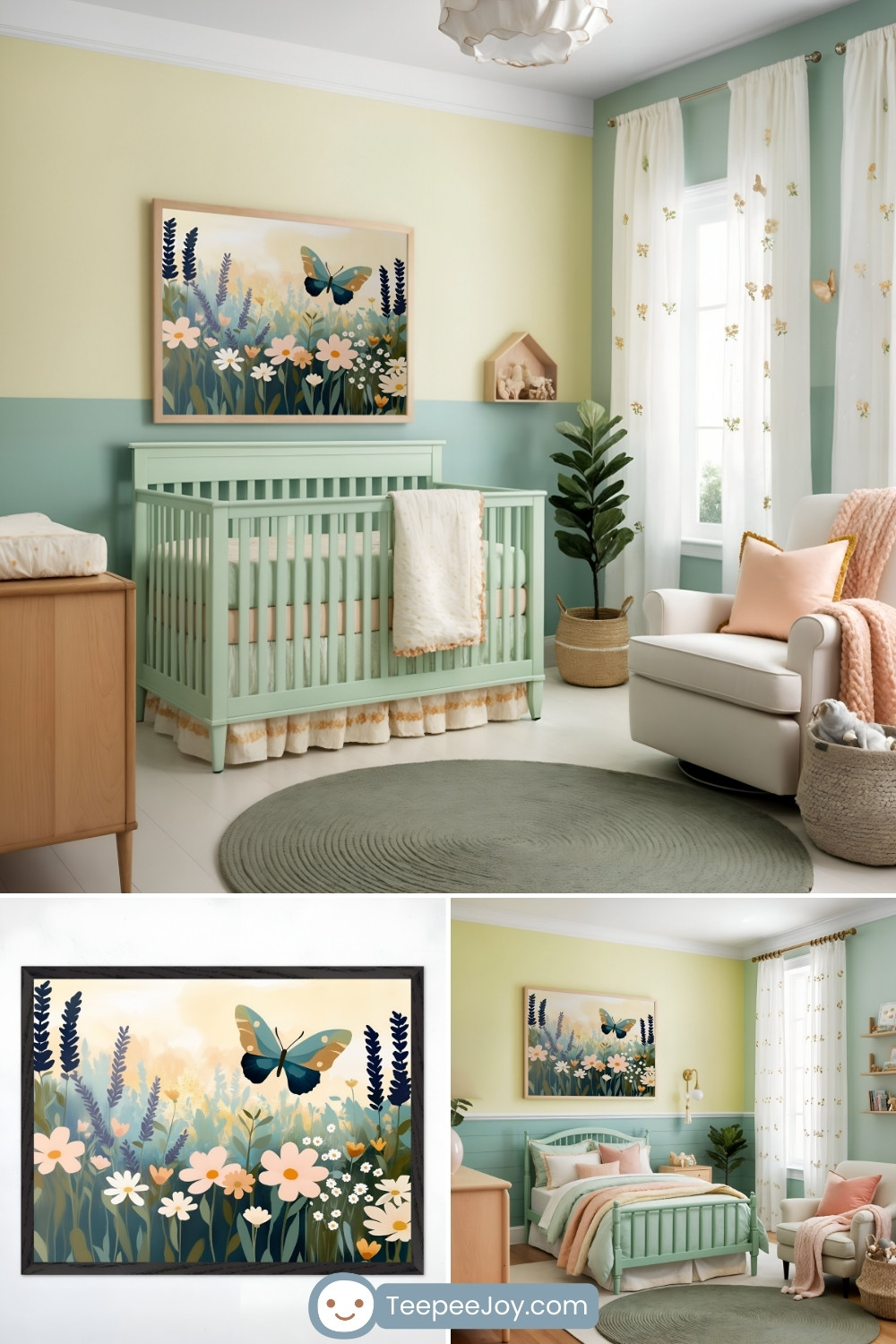 A serene nursery and bedroom featuring soft green and pastel yellow tones. A mint green crib and bed are set against a two-toned wall, with a framed artwork above depicting a butterfly fluttering over a wildflower meadow. The space is decorated with cozy elements like a plush white armchair, a sage green rug, warm peach and cream textiles, and gold-accented curtains with delicate butterfly details, creating a peaceful and nature-inspired atmosphere.