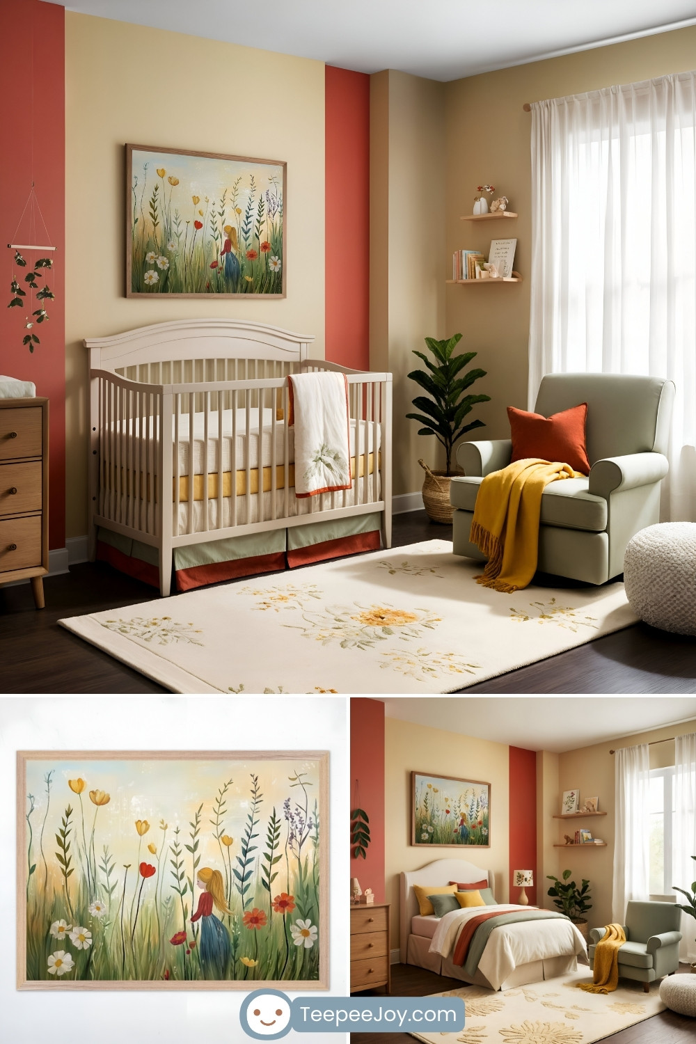 Warm and earthy nursery and bedroom featuring a soft beige crib and bed against a backdrop of muted yellow and terracotta accent walls. A framed artwork above the crib depicts a whimsical scene of a young girl in a meadow surrounded by tall wildflowers. The room is decorated with a sage green armchair, a floral area rug, natural wood furniture, and cozy accents in mustard yellow, burnt orange, and soft green, creating a peaceful, nature-inspired retreat.