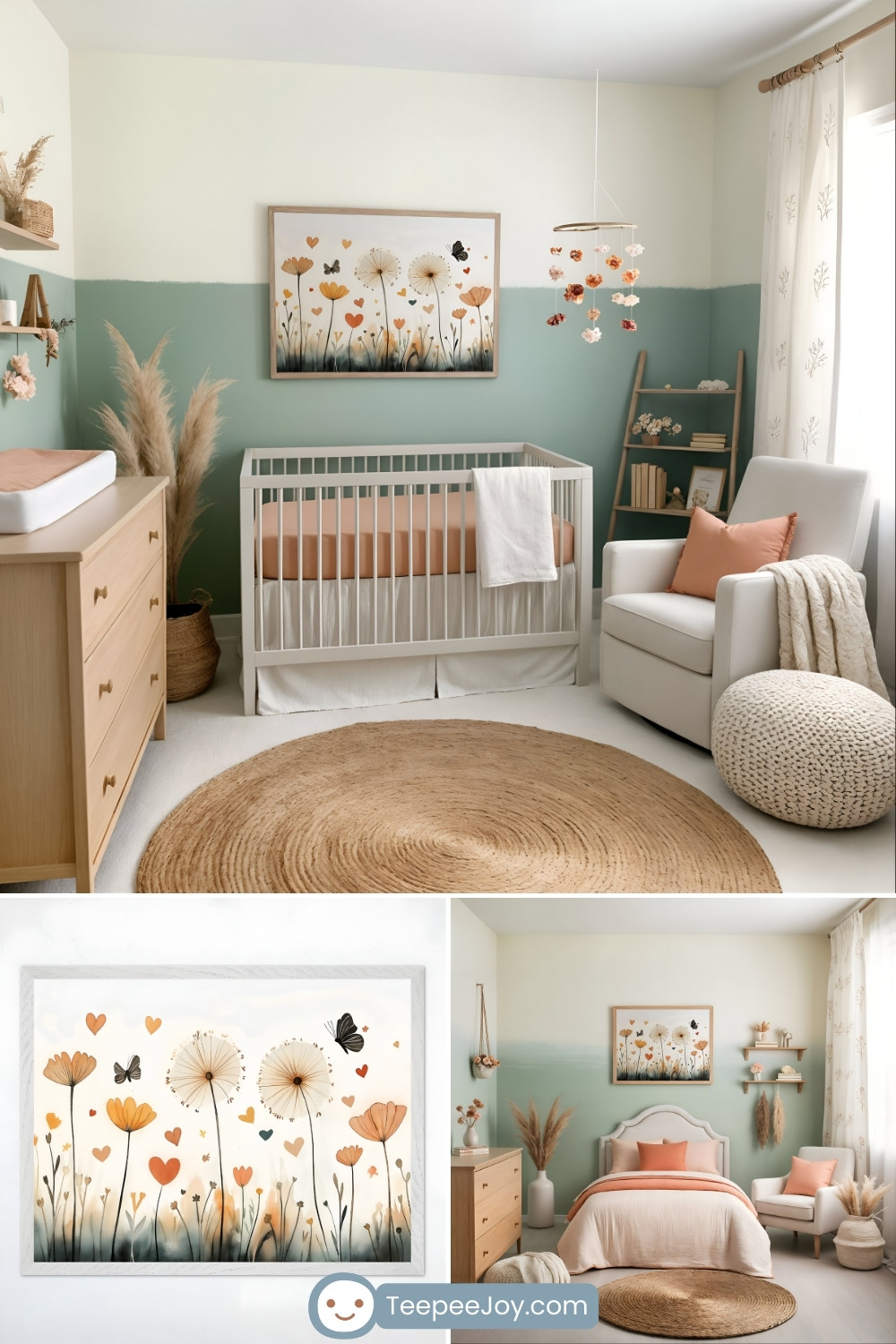 A tranquil nursery and bedroom designed with soft sage green and warm beige tones. A minimalist white crib and bed are accented with peach and natural wood decor, complemented by a woven jute rug and pampas grass arrangements. Above the crib, a framed artwork features whimsical dandelions, butterflies, and floating heart-shaped petals in muted orange and cream tones. The space is styled with cozy textiles, a white armchair, and delicate floral decor, creating a peaceful and nature-inspired retreat.