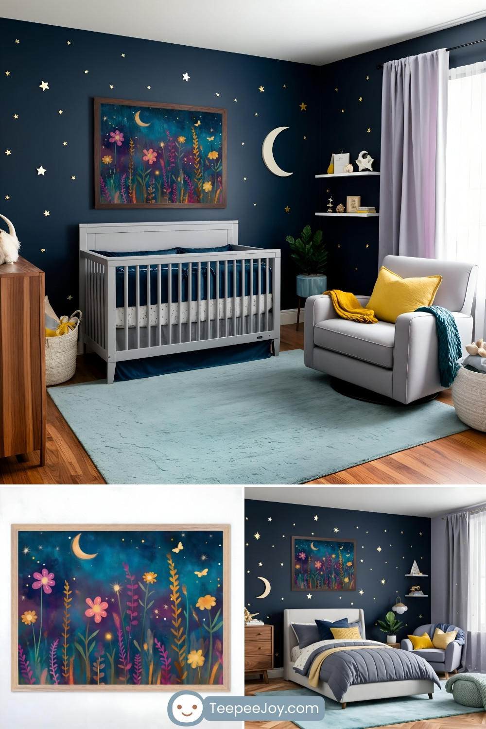 Celestial-themed nursery with a deep navy blue wall adorned with gold stars and a crescent moon, creating a dreamy night sky effect. A gray crib sits beneath a framed painting of glowing wildflowers against a twilight background with a crescent moon. The room is accented with soft blue and yellow decor, including a cozy rocking chair with a mustard-yellow pillow and throw. The bottom section showcases a close-up of the artwork and an alternate room setup with a toddler bed, maintaining the whimsical, starry-night aesthetic. The TeepeeJoy.com logo is displayed at the bottom.