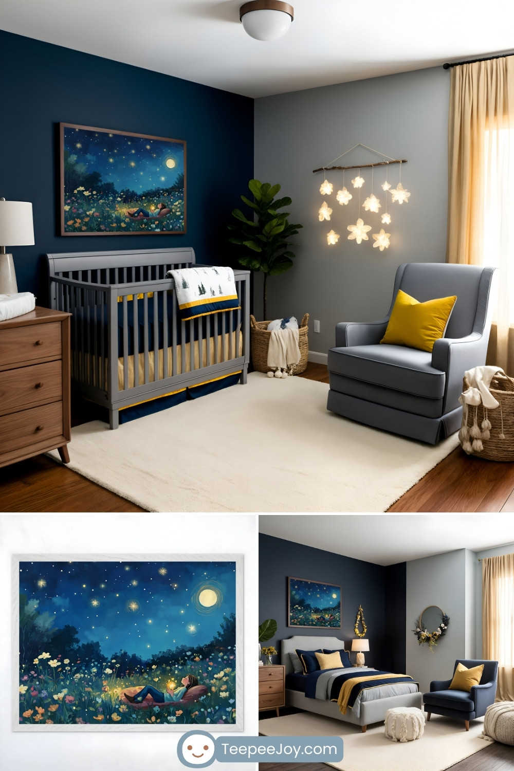 Dreamy, nature-inspired nursery with deep blue and gray walls, featuring a dark gray crib beneath a framed painting of a child lying in a glowing wildflower meadow under a starry sky. The room is accented with warm yellow and navy decor, a plush cream rug, and a cozy rocking chair with a yellow pillow. Soft, illuminated flower-shaped lights hang on the wall, adding a whimsical touch. The bottom section of the image highlights a close-up of the artwork and an alternate room layout with a toddler bed, maintaining the celestial and nature-inspired theme. The TeepeeJoy.com logo is displayed at the bottom.