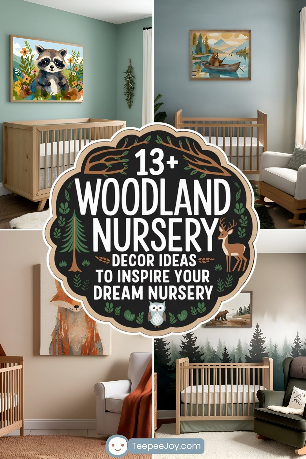Collage featuring woodland-themed nursery decor ideas, including cribs with nature-inspired art. Highlights include a raccoon painting, a bear in a canoe illustration, and a fox artwork, set against soft green and neutral tones with forest-inspired wall murals. Central text overlay reads: '13+ Woodland Nursery Decor Ideas to Inspire Your Dream Nursery,' with an owl and other forest details.