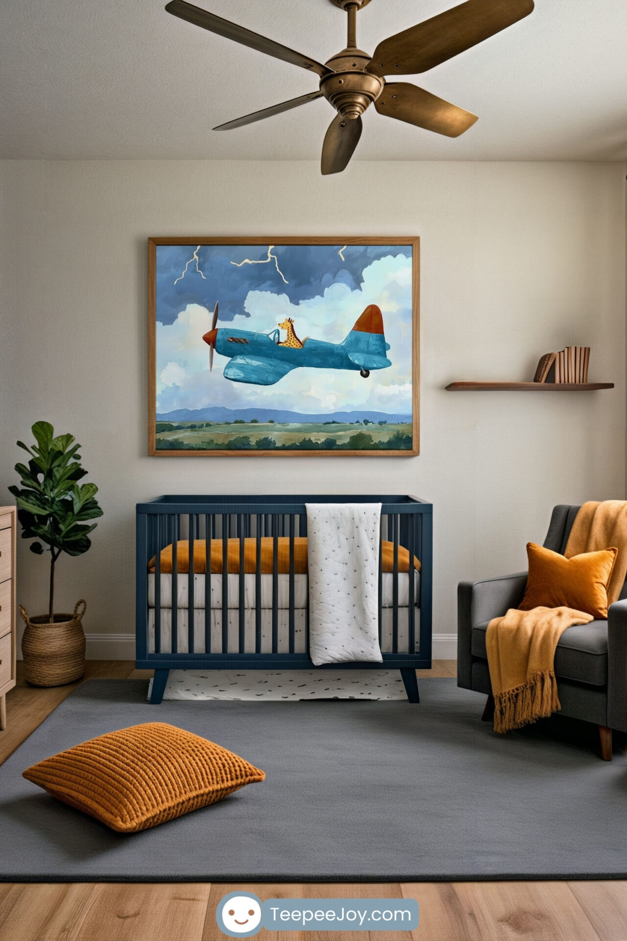 Cozy nursery with giraffe pilot flying airplane through stormy sky
