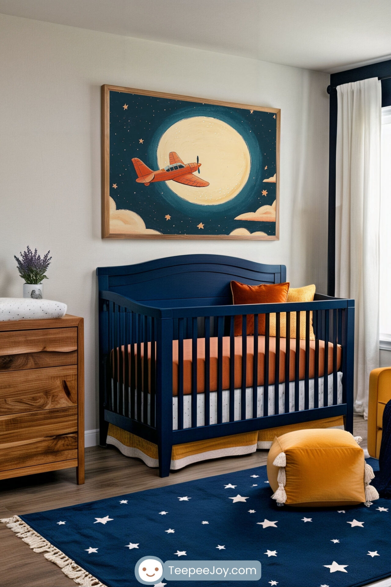 Whimsical space-themed nursery with a navy crib, warm orange and yellow accents, and a starry navy rug. A framed artwork above the crib features a red airplane flying past a glowing full moon in a dreamy night sky with scattered clouds and stars.