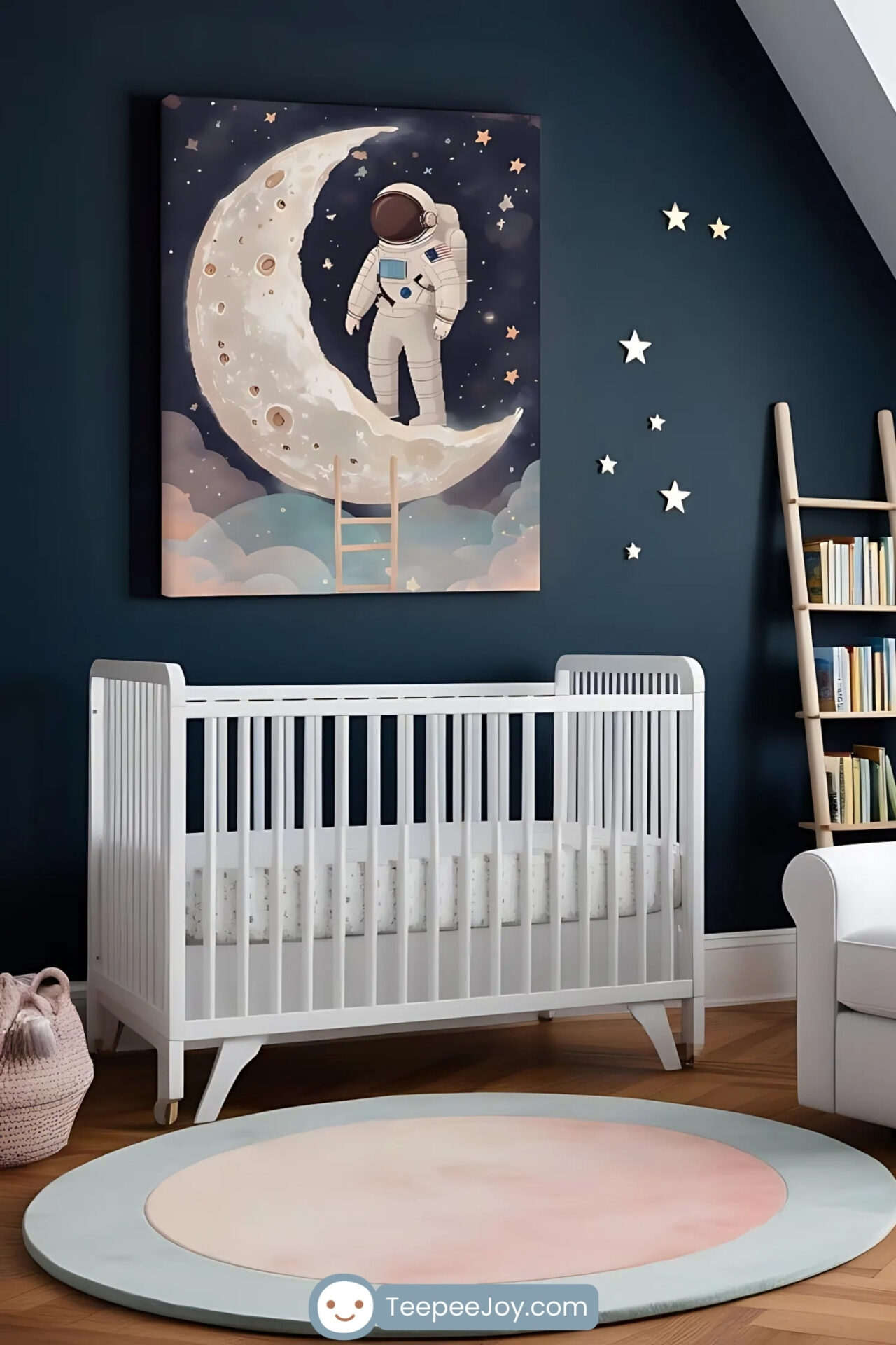 This image portrays a celestial-themed nursery with dark blue walls adorned with golden star decals. A white crib is positioned under a framed artwork of an astronaut standing on a crescent moon with a ladder reaching down to dreamy clouds. The room also features a cozy white armchair, a pink and peach circular rug, a ladder-style bookshelf, and soft pink curtains, creating a serene and imaginative atmosphere.