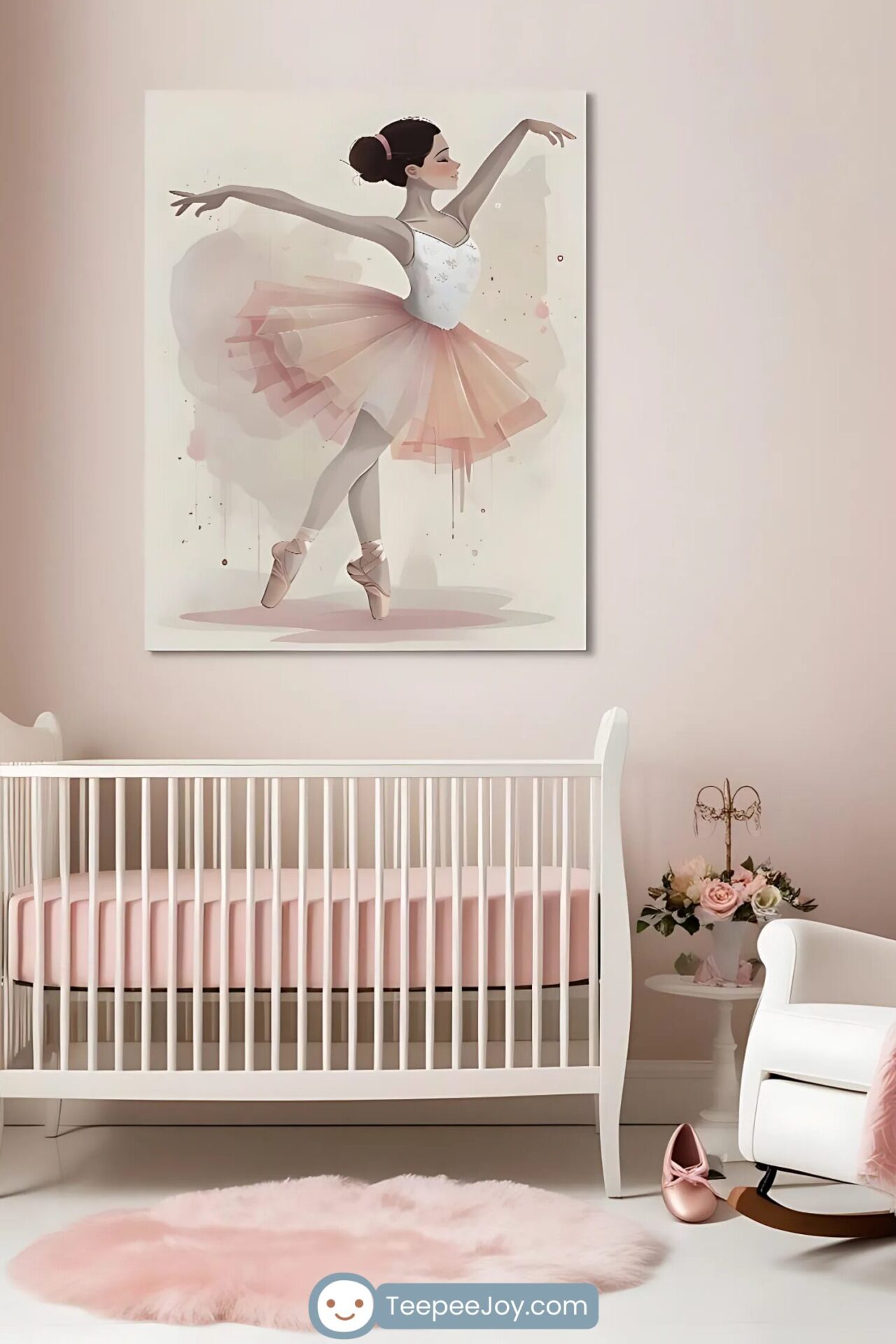 Soft, pastel-themed nursery featuring a white crib with a pink mattress, a plush pink rug, and a rocking chair with a pink throw. A large, elegant wall art piece of a ballerina in a delicate pink tutu and pointe shoes is displayed above the crib, complementing the room's aesthetic. A pair of satin pink ballet slippers rests on the floor near a small side table adorned with a vase of roses, creating a graceful and serene atmosphere.