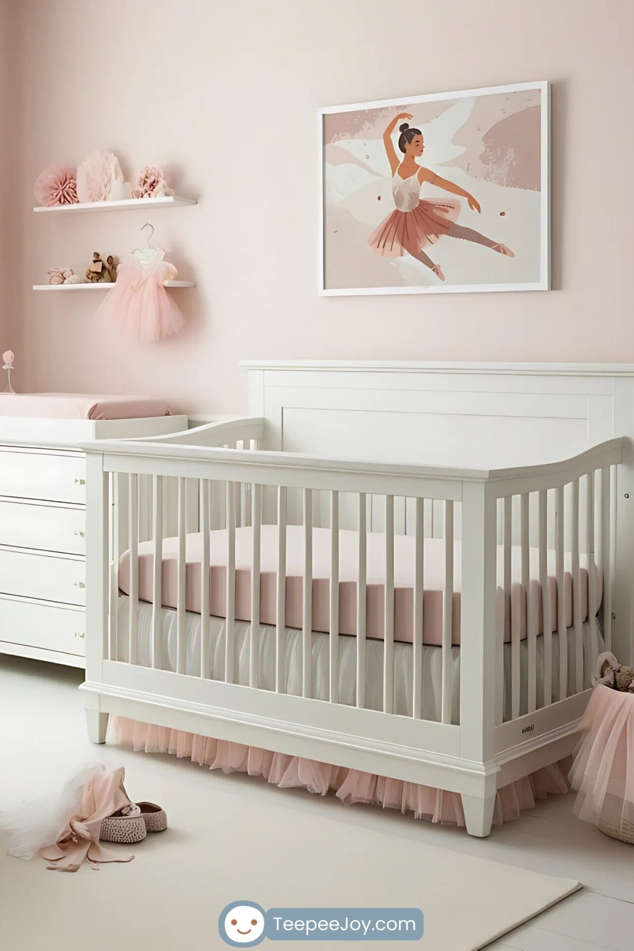Elegant ballet-themed nursery with soft pink walls and white furniture, including a crib, a changing table, and a plush pink rocking chair. A framed illustration of a ballerina hangs above the crib, enhancing the graceful aesthetic. Decor elements include a tulle crib skirt, ballet slippers on the floor, and shelves adorned with pink tutus, floral accents, and delicate toys, creating a dreamy and sophisticated atmosphere.