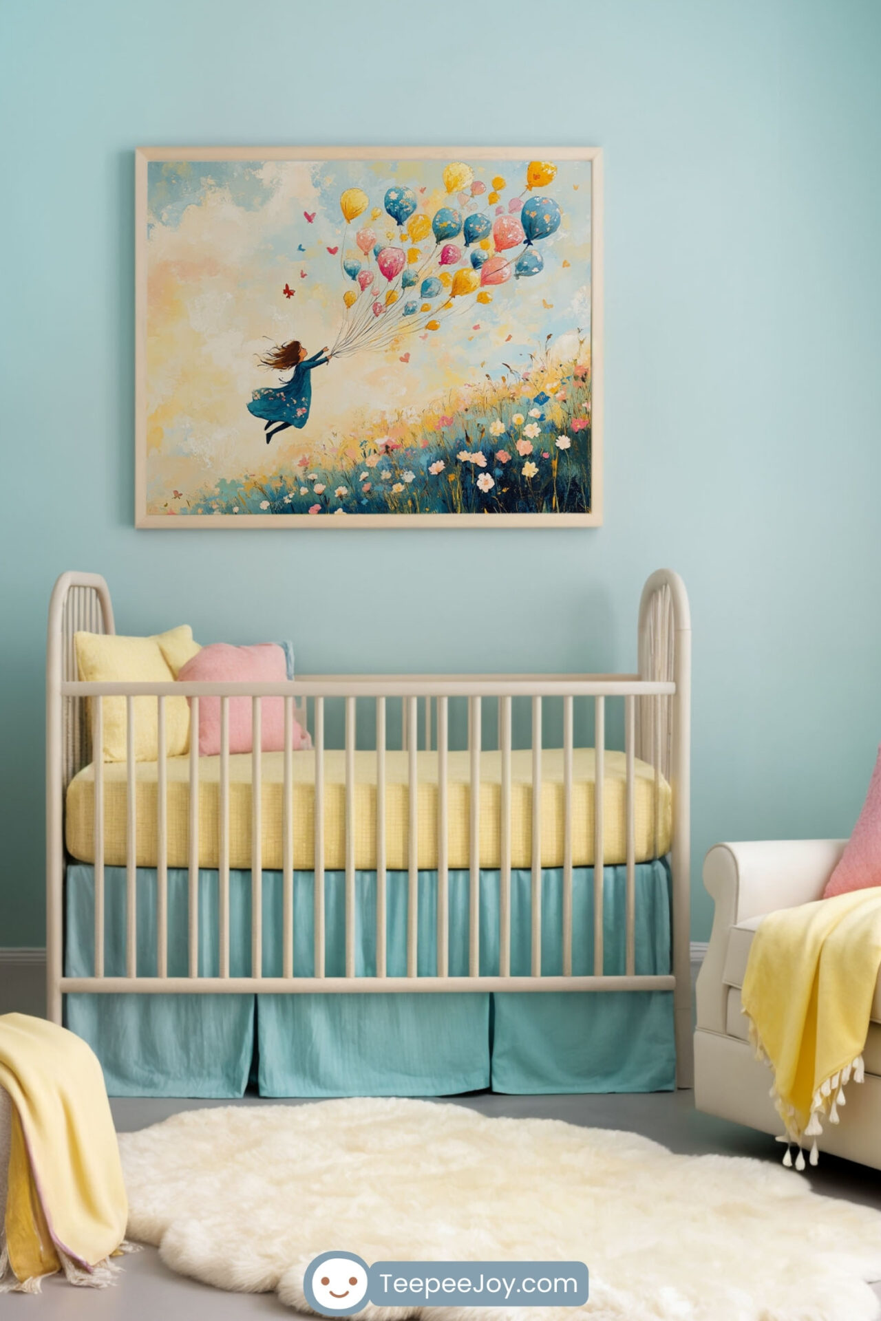 Beautifully decorated nursery with soft pastel tones, featuring a light wood crib with yellow bedding and blue accents against a serene aqua-colored wall. Above the crib hangs a framed painting of a whimsical girl floating with colorful balloons over a wildflower field. A cozy white armchair with pastel pillows and a yellow throw blanket sits next to a window with sheer white curtains, while a wooden dresser, a plush rug, and a small ottoman complete the inviting space.