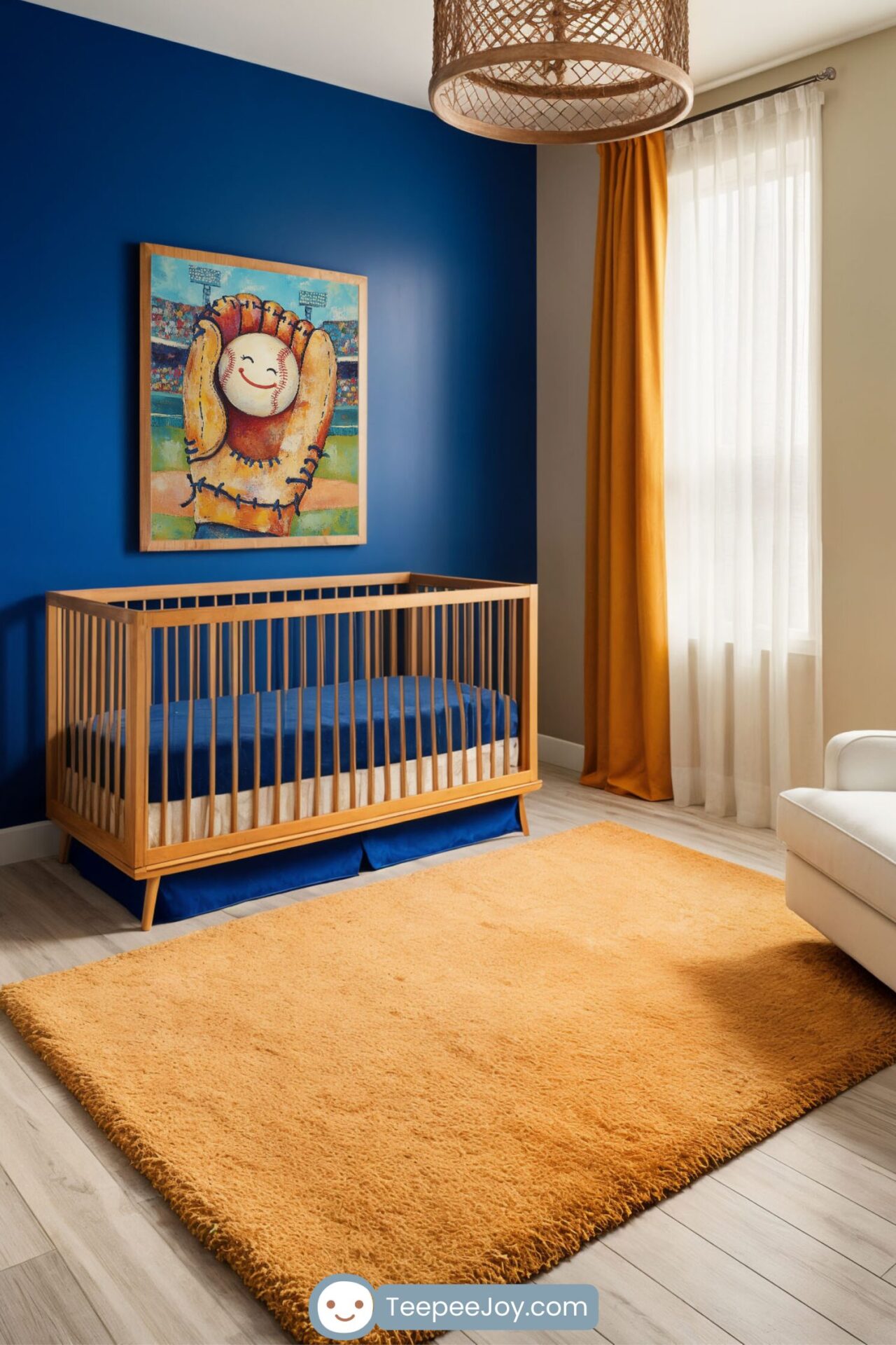 This nursery showcases a cheerful baseball-themed wall art featuring a smiling baseball nestled in a glove, set against a vibrant stadium backdrop. The bright blue accent wall and sunny yellow rug create a lively and inviting space, complementing the sports-themed decor. Ideal for inspiring little athletes or sports fans.