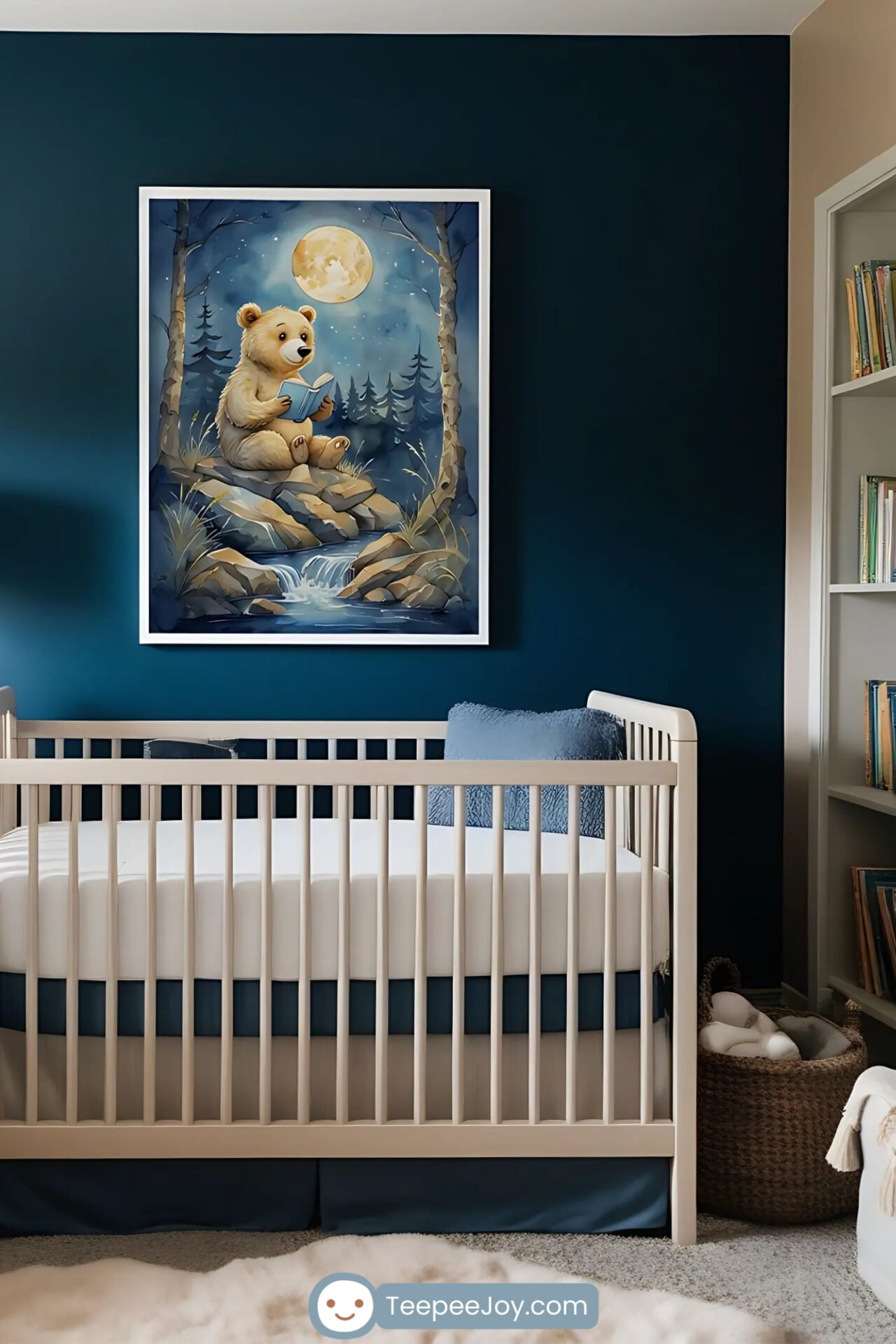 A serene nursery room with dark blue walls, featuring a soft beige crib with navy bedding. Above the crib hangs a framed painting of a whimsical bear sitting by a moonlit stream in a forest. The room is decorated with a cozy armchair, a tall floor lamp, and a woven basket filled with plush toys, creating a calm and magical atmosphere.