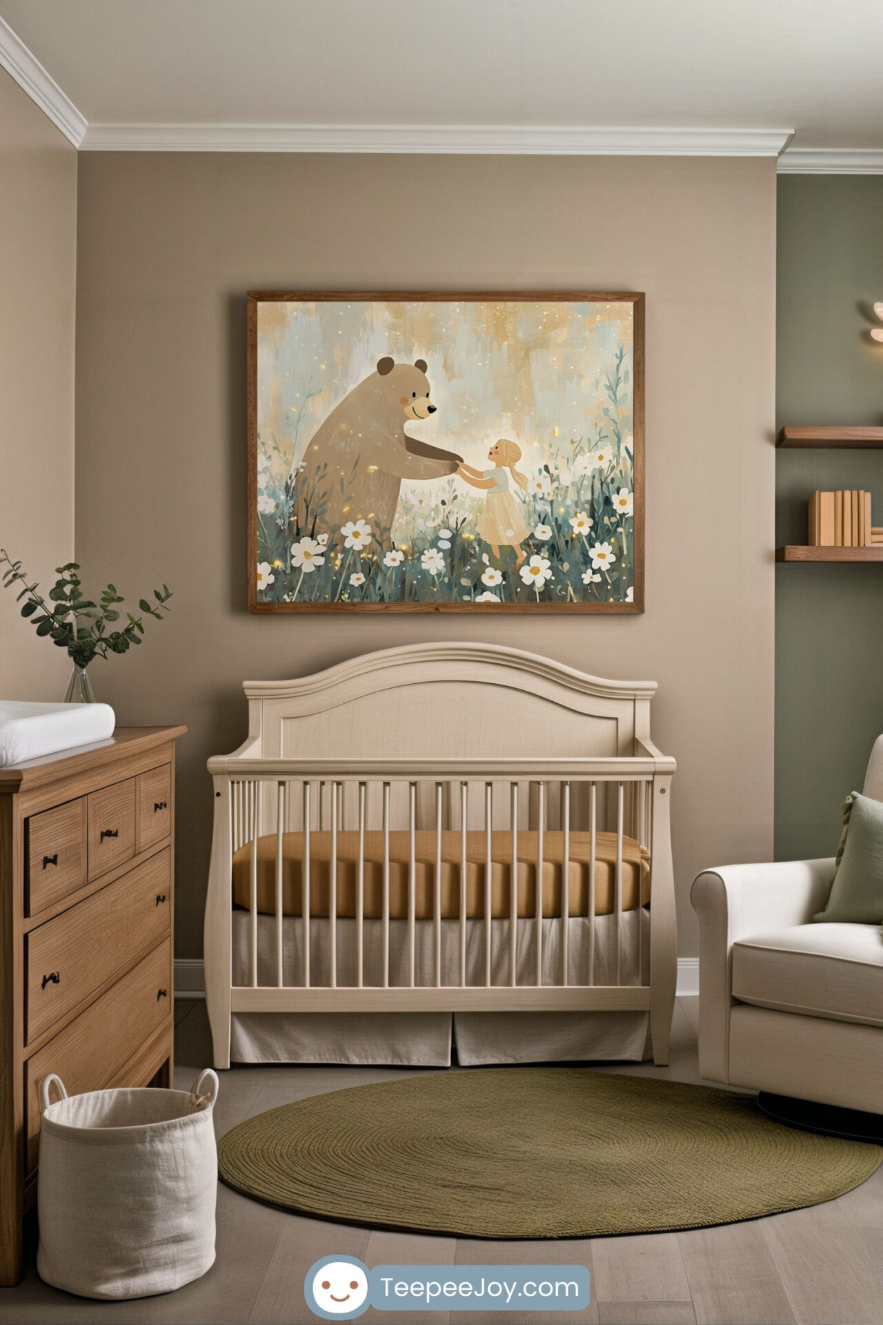 A nursery with warm neutral tones, featuring a classic cream crib with mustard bedding, a wooden dresser, and a soft green round rug. Above the crib hangs a framed illustration of a gentle bear holding hands with a little girl in a field of flowers, glowing with a magical ambiance. The room is styled with natural wood accents, floating shelves with books, and a soft armchair, creating a peaceful and enchanting atmosphere.