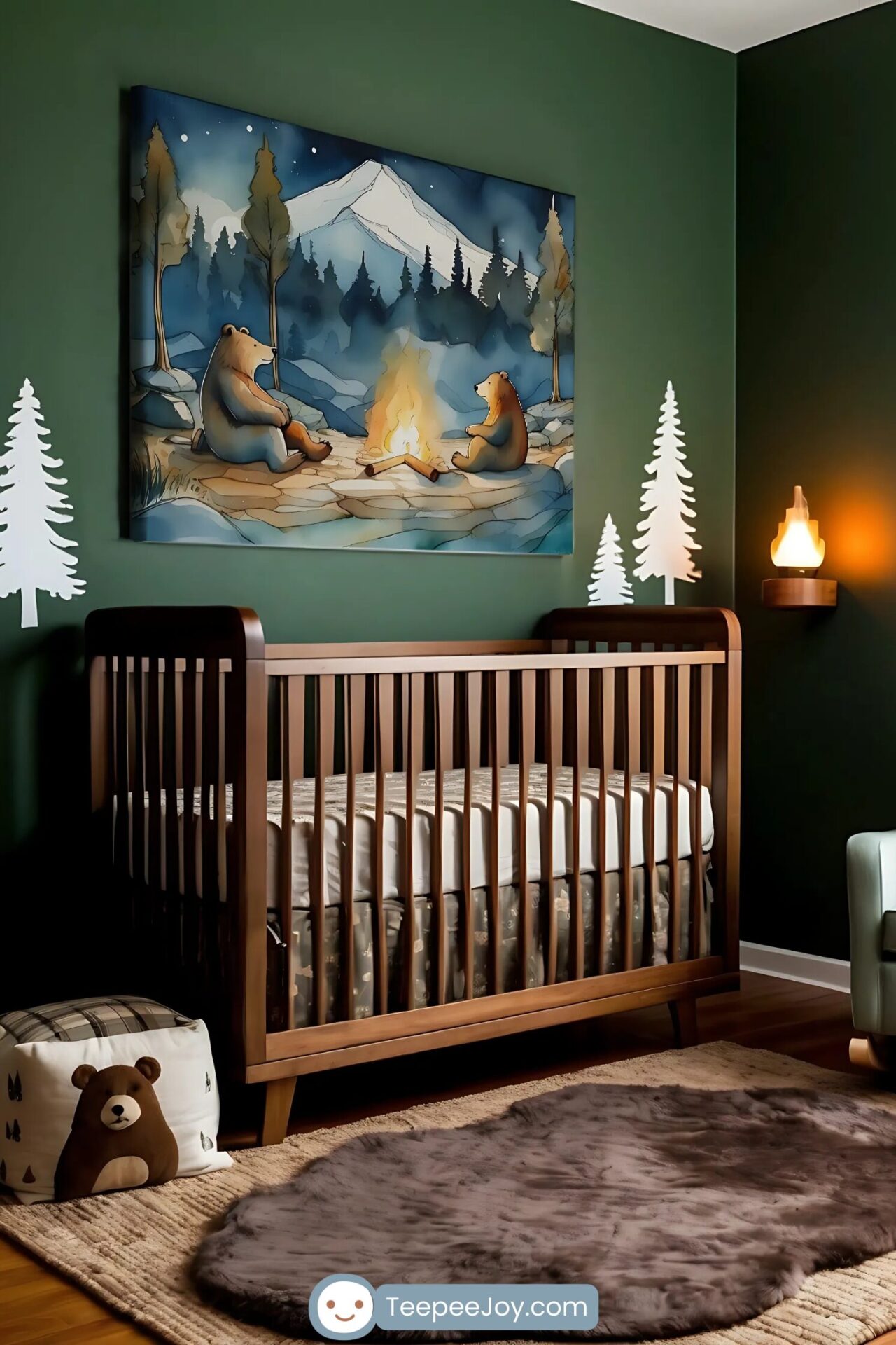 Cozy woodland-themed nursery with a dark green wall, featuring a wooden crib and rustic decor. Above the crib, a large painting of two bears sitting by a campfire under a starry sky with a snowy mountain backdrop adds a warm and adventurous touch. The room is decorated with white tree cutouts, a plush bear pillow, a faux fur rug, and a soft glowing wall lamp shaped like a flame, creating a serene and inviting atmosphere.