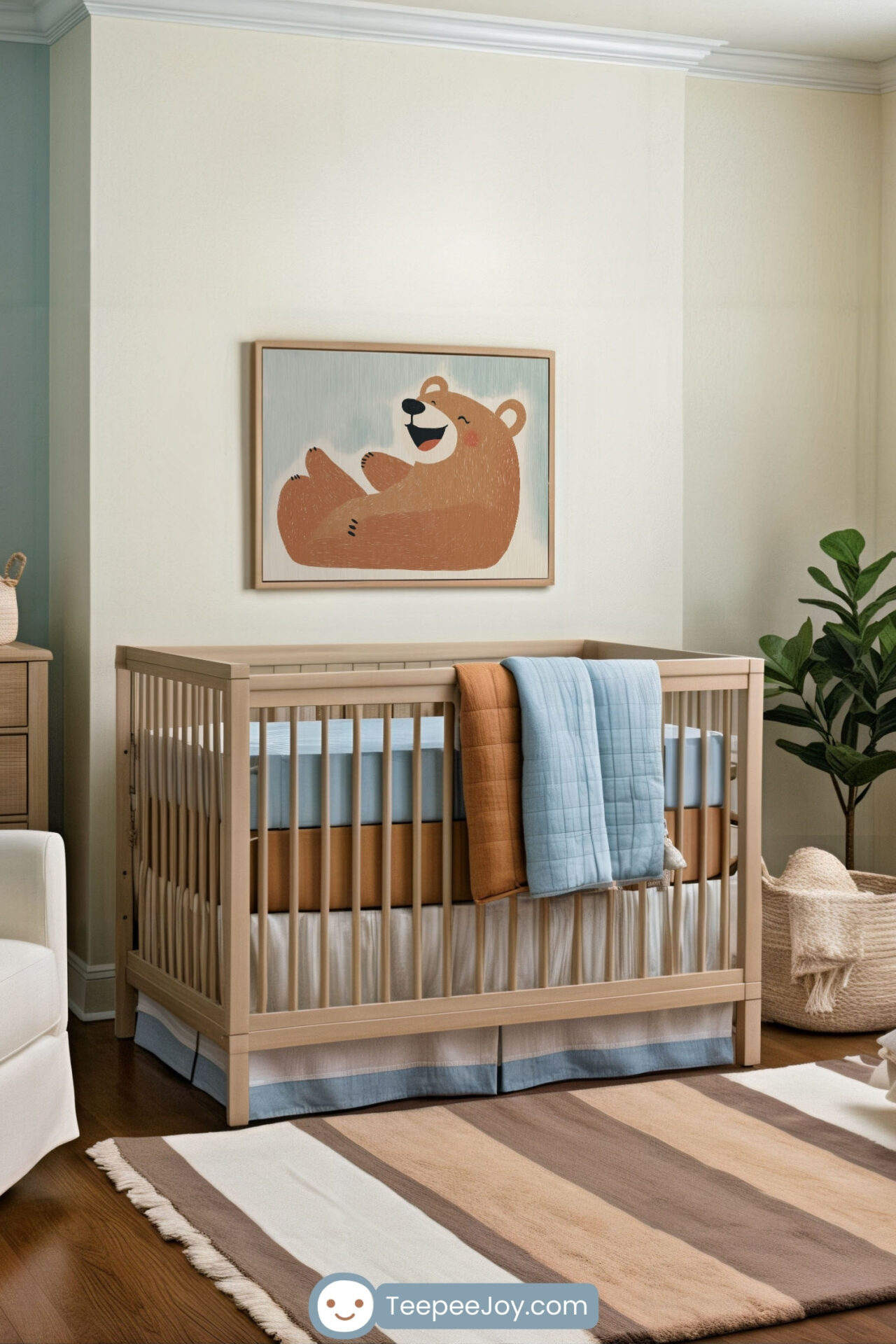 A cozy and modern nursery featuring a playful bear wall art above a crib
