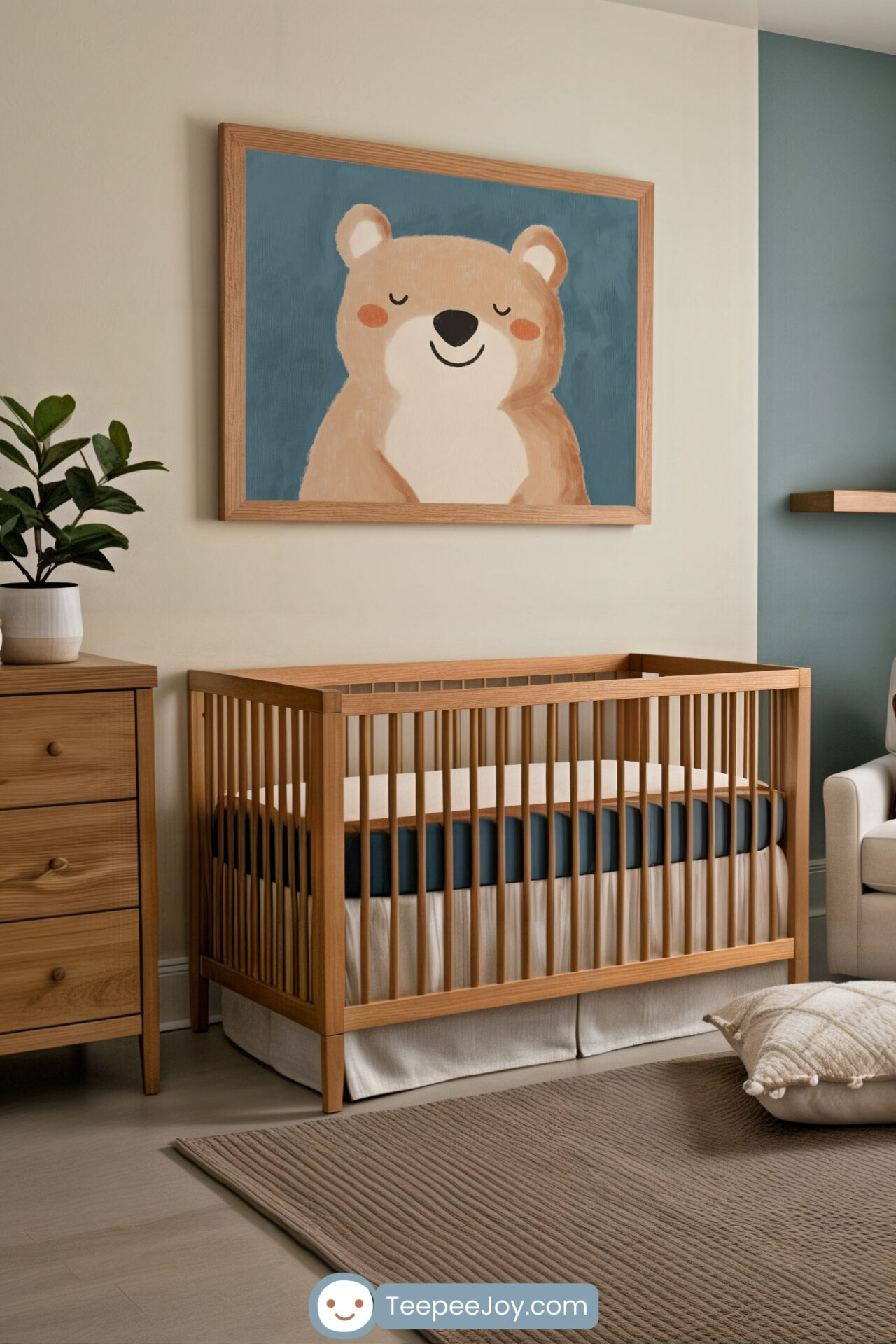 Modern nursery featuring smiling bear wall art