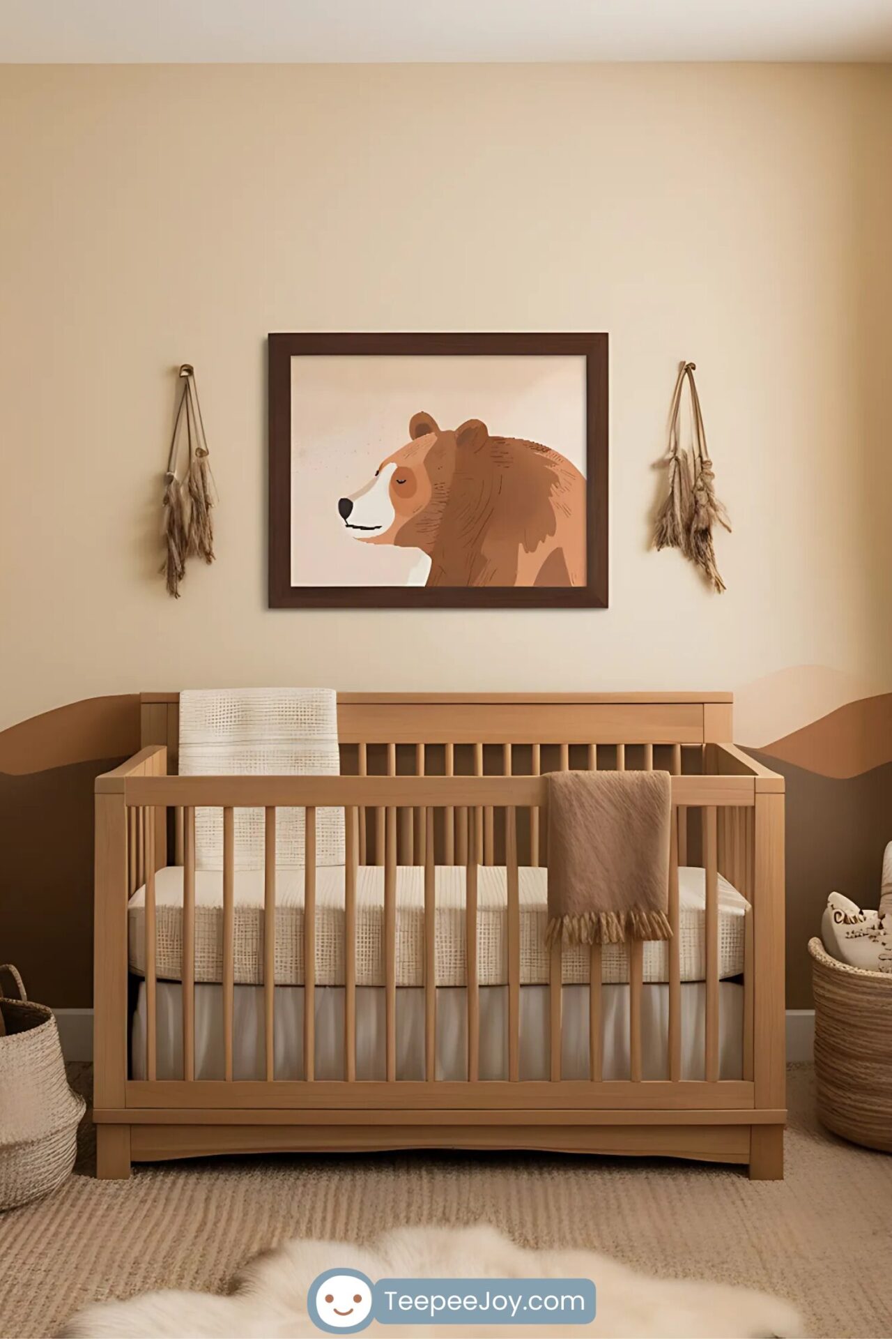 A cozy, nature-inspired nursery featuring a light wood crib with neutral-toned bedding against a warm beige wall with a subtle mountain mural. Above the crib, a framed illustration of a brown bear on a soft, muted background adds a rustic and calming touch. The room is styled with woven baskets, a plush cream rug, soft textured blankets, and hanging boho-style wall decor with dried grasses, creating a serene and earthy space for a little one.