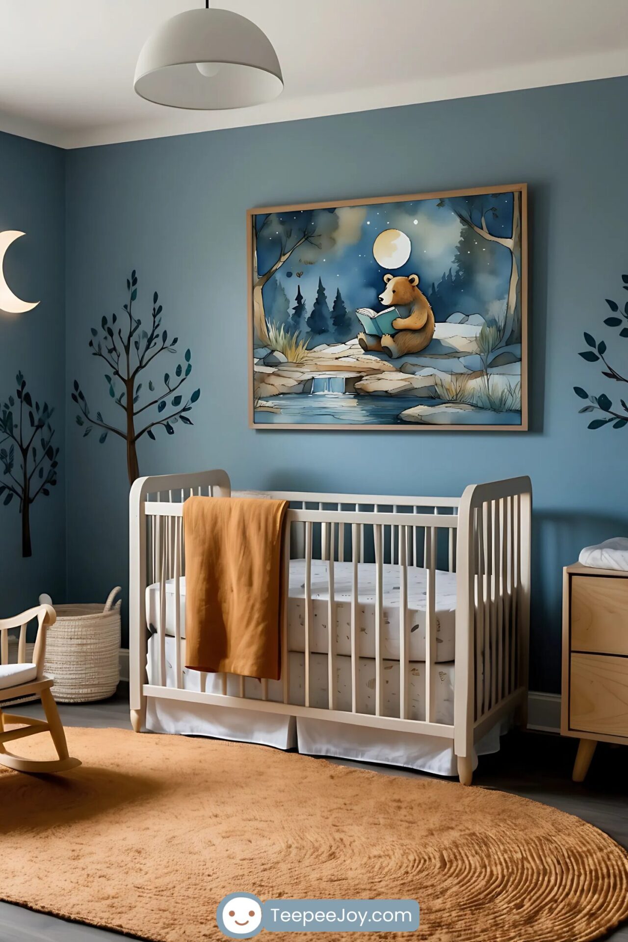 A cozy and whimsical nursery with a bear reading by a waterfall under the moon