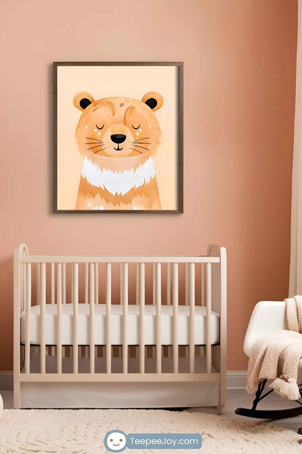 This image depicts a serene nursery styled in warm peach and neutral tones. The centerpiece is a framed illustration of a smiling bear with fluffy orange-brown fur and white accents, hung above a minimalist light wood crib. The room is completed with cozy details, including a soft knit pouf, a white armchair draped with a blush throw, and a leafy plant, creating a tranquil and inviting space for a baby.