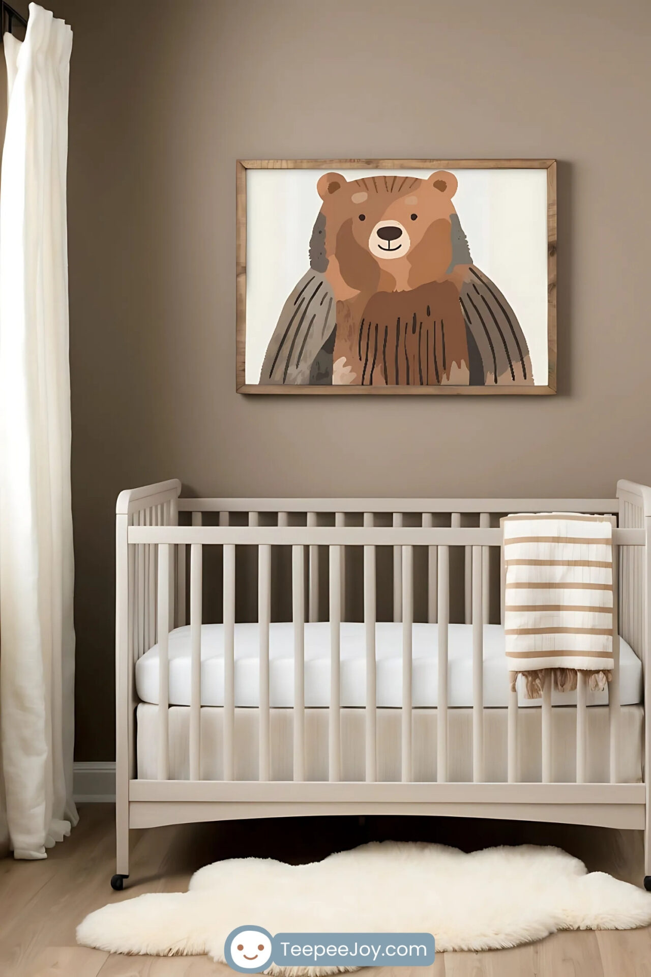 Cozy nursery with bear illustration, earthy tones, and rustic decor