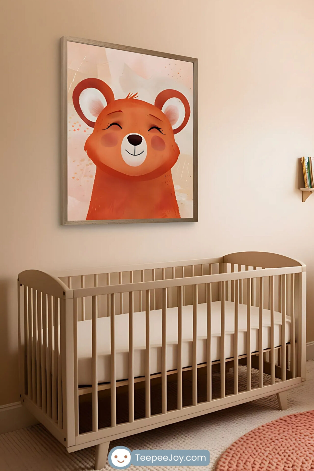 This image showcases a serene nursery decorated in soft neutral tones with warm peach accents. The focal point is a framed illustration of a smiling bear on the wall, harmonizing with the beige walls and the cozy decor. The room includes a light brown wooden crib, a plush armchair draped with a knitted peach blanket, and floating shelves holding books and stuffed animals, creating a welcoming and tranquil space for a baby.