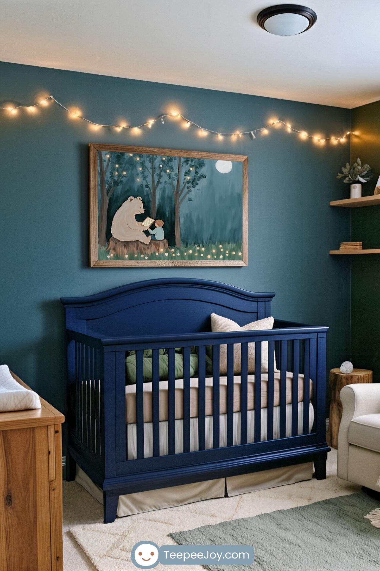 A woodland-themed nursery features a navy blue crib with soft beige and green bedding, paired with a matching throw pillow. Above the crib, a framed painting depicts a bear and a child sitting on a tree stump, reading a book under a moonlit sky surrounded by glowing fireflies. The dark teal walls, warm wooden furniture, string lights, and natural accents create a magical and inviting atmosphere.