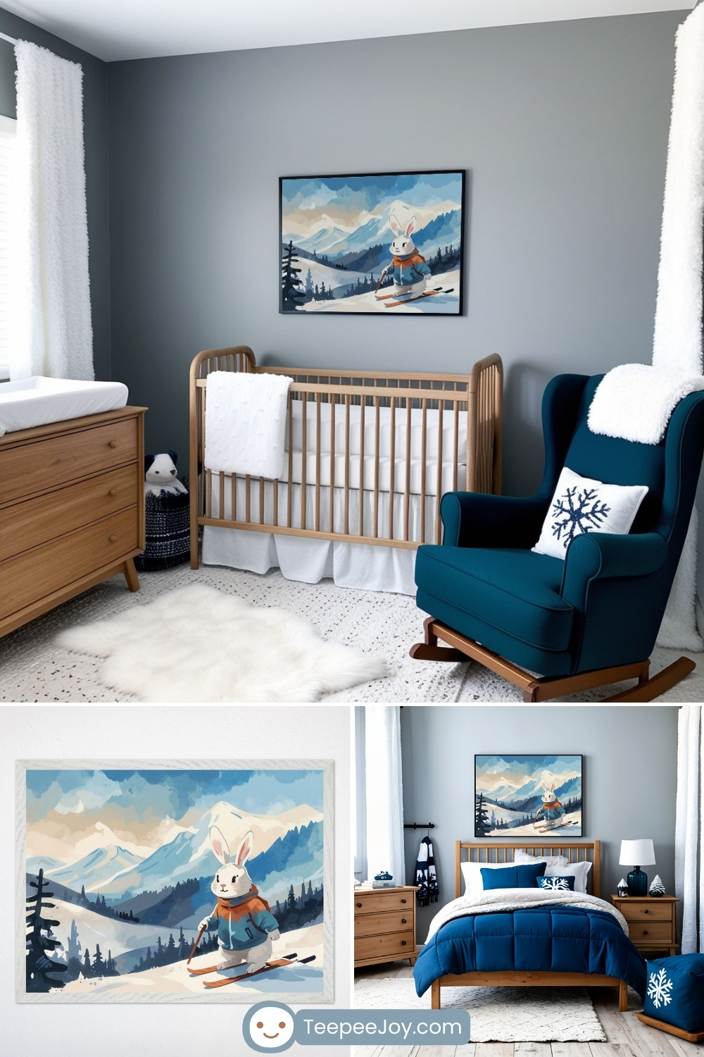 Winter-themed nursery with cool gray walls, a wooden crib, and cozy Nordic-inspired decor. Above the crib hangs a framed illustration of a bunny dressed in a blue jacket and orange scarf, skiing down a snowy mountain landscape. The room features a plush white rug, a dark blue rocking chair with a snowflake pillow, and a wooden dresser. Below, a close-up of the bunny skiing artwork is displayed alongside a matching bedroom setup with similar wintery tones, navy blue bedding, and rustic wooden furniture. The "TeepeeJoy.com" logo appears at the bottom.
