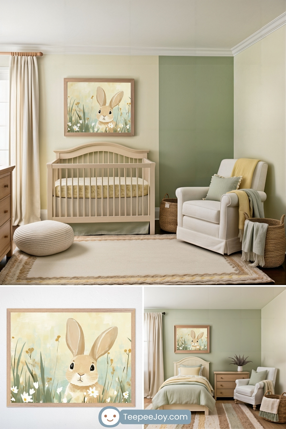 Serene bunny-themed nursery with soft sage green and cream-colored walls, featuring a wooden crib and cozy decor. Above the crib hangs a framed illustration of a gentle brown bunny peeking out from a meadow of wildflowers. The room is decorated with a plush cream rug, a white rocking chair with pastel pillows and blankets, and woven storage baskets. Below, a close-up of the bunny artwork is displayed alongside a matching bedroom setup with similar earthy tones, wooden furniture, and a peaceful nature-inspired ambiance. The "TeepeeJoy.com" logo appears at the bottom.