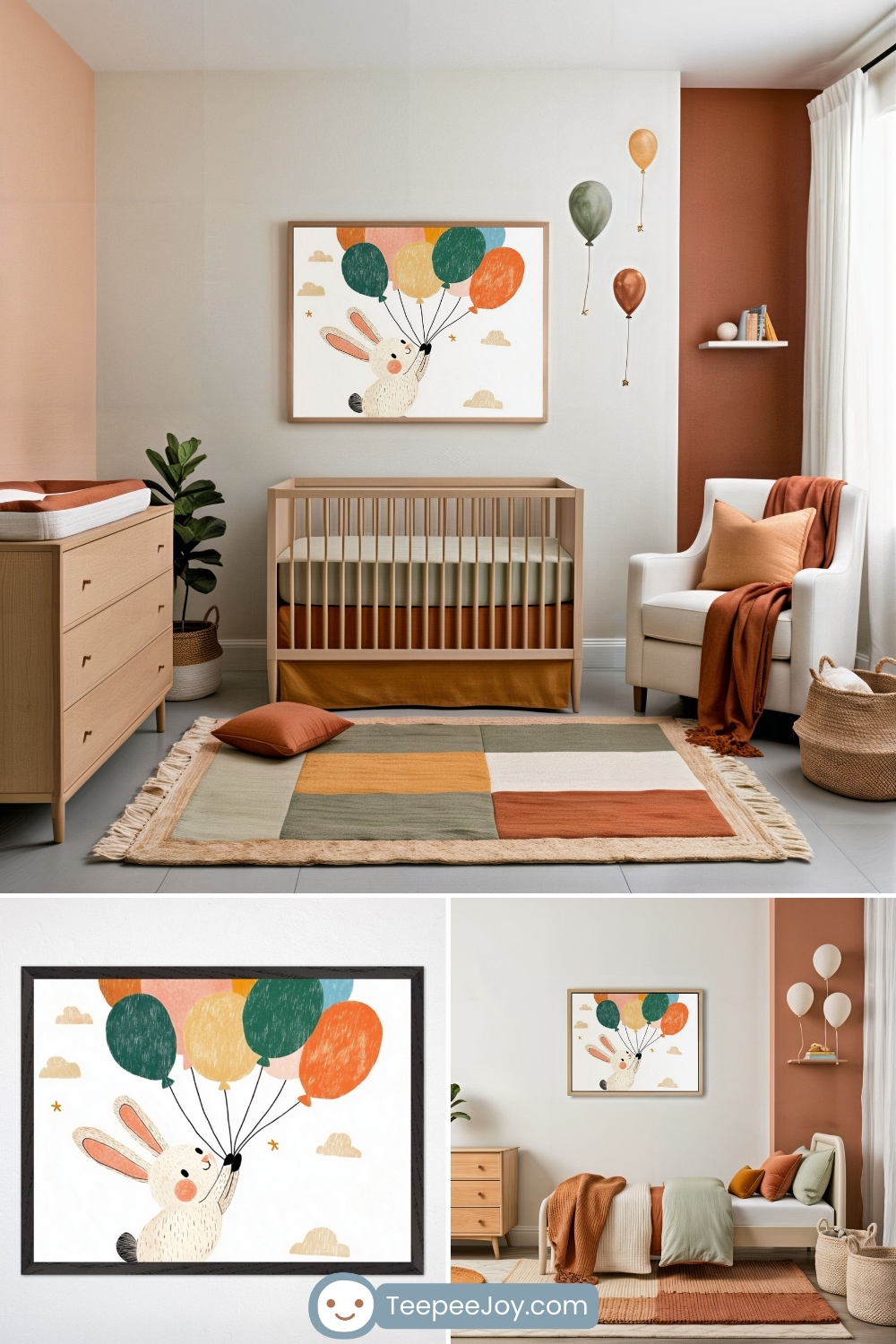 Warm and playful bunny-themed nursery with earthy terracotta, sage green, and cream tones. A wooden crib sits against a neutral wall, adorned with a framed illustration of a cheerful bunny floating with a bundle of colorful balloons. The room features a patchwork rug, a white armchair with rust-colored cushions, and a wooden dresser with a matching changing pad. Below, a close-up of the bunny artwork is displayed alongside a coordinating bedroom design with balloon wall decals, soft textiles, and natural wood furniture. The "TeepeeJoy.com" logo appears at the bottom.
