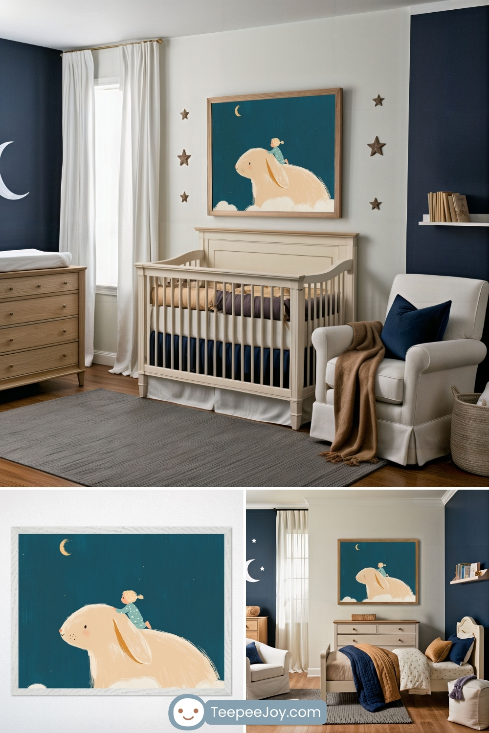 Dreamy, celestial-themed nursery with deep navy and soft cream walls, featuring a wooden crib and cozy decor. Above the crib hangs a framed illustration of a fluffy bunny floating on clouds, carrying a small child on its back under a crescent moonlit sky. The room is styled with a plush white armchair, star-shaped wall accents, and a navy and earth-toned bedding set. Below, a close-up of the bunny artwork is displayed alongside a matching bedroom setup with moon and star motifs, warm neutral textiles, and wooden furniture. The "TeepeeJoy.com" logo appears at the bottom.