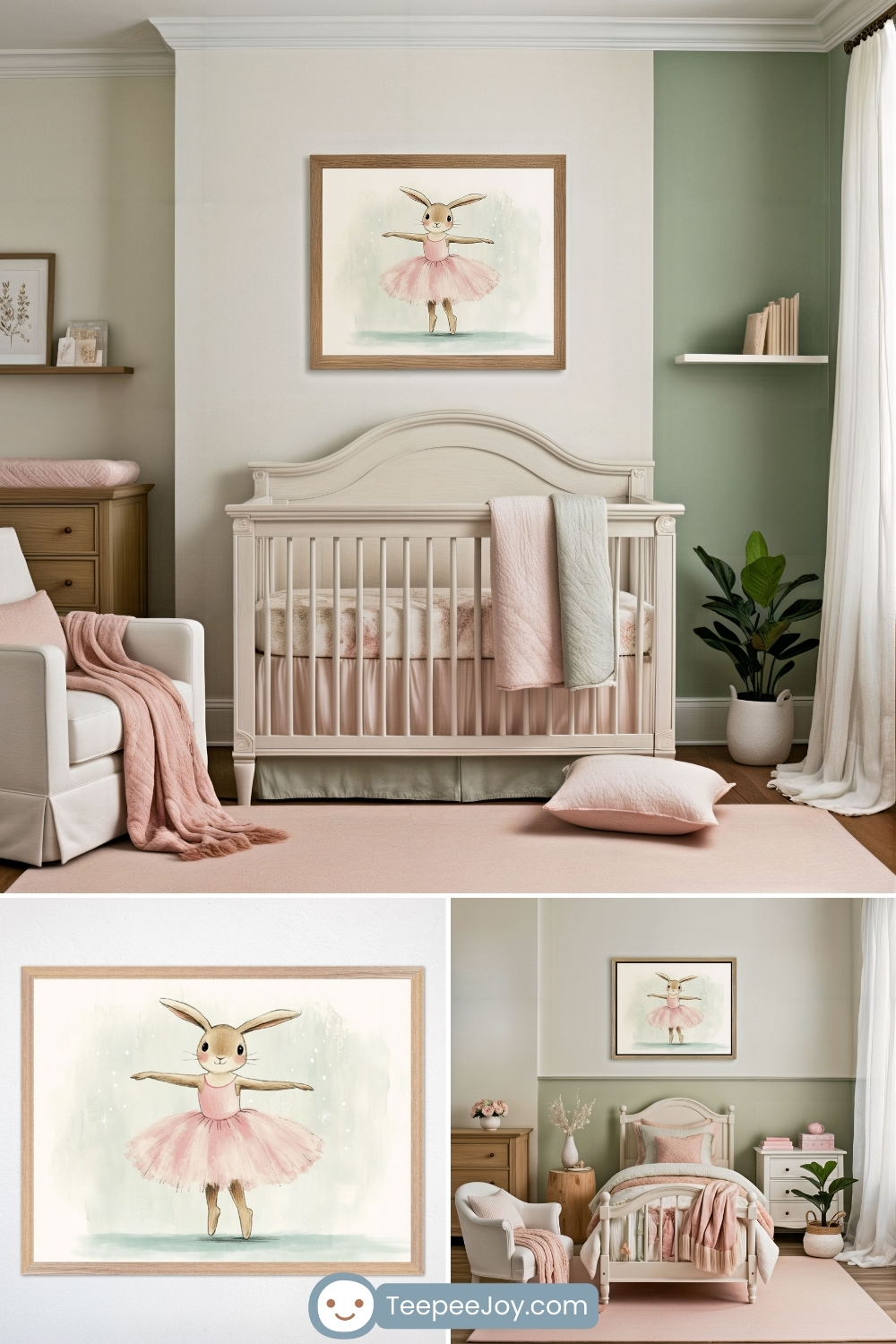 Soft and elegant bunny-themed nursery with cream and sage green walls, featuring a vintage-style wooden crib. Above the crib hangs a framed watercolor illustration of a sweet bunny in a pink tutu, gracefully posing like a ballerina. The room is decorated with pastel pink and sage bedding, a white armchair draped with a blush-colored throw, and a wooden dresser with delicate floral accents. Below, a close-up of the bunny ballerina artwork is displayed alongside a coordinating bedroom setup with matching soft hues, ruffled bedding, and classic furniture. The "TeepeeJoy.com" logo appears at the bottom.