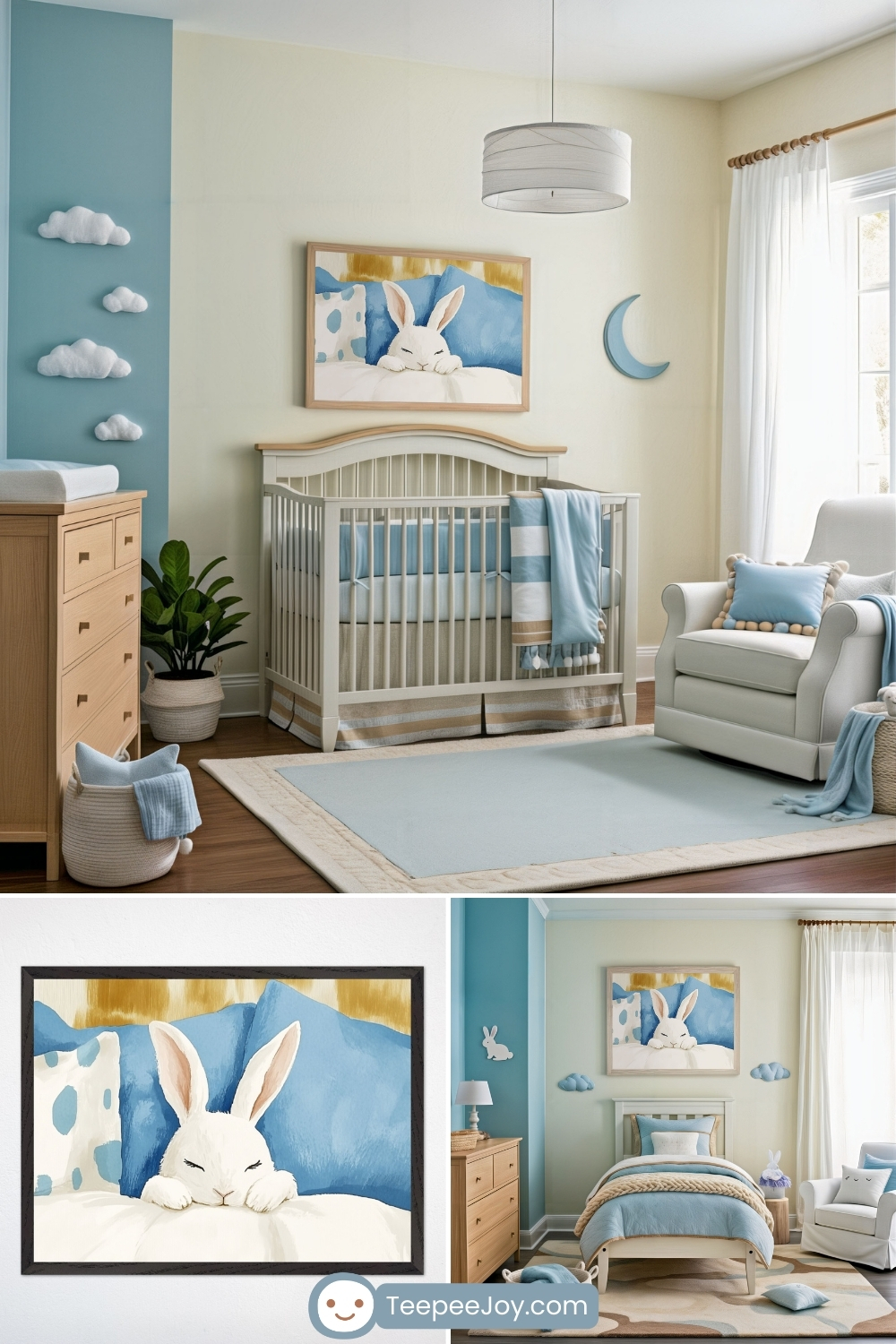 Peaceful bunny-themed nursery with soft blue and cream tones, featuring a vintage-style crib. Above the crib hangs a framed illustration of a white bunny resting on a fluffy pillow, nestled between cozy blue and gold cushions. The room is decorated with cloud wall decals, a crescent moon accent, and a plush white armchair with blue and beige pillows. Below, a close-up of the sleepy bunny artwork is displayed alongside a coordinating bedroom setup with soft bedding, warm wood furniture, and dreamy cloud-inspired decor. The "TeepeeJoy.com" logo appears at the bottom.