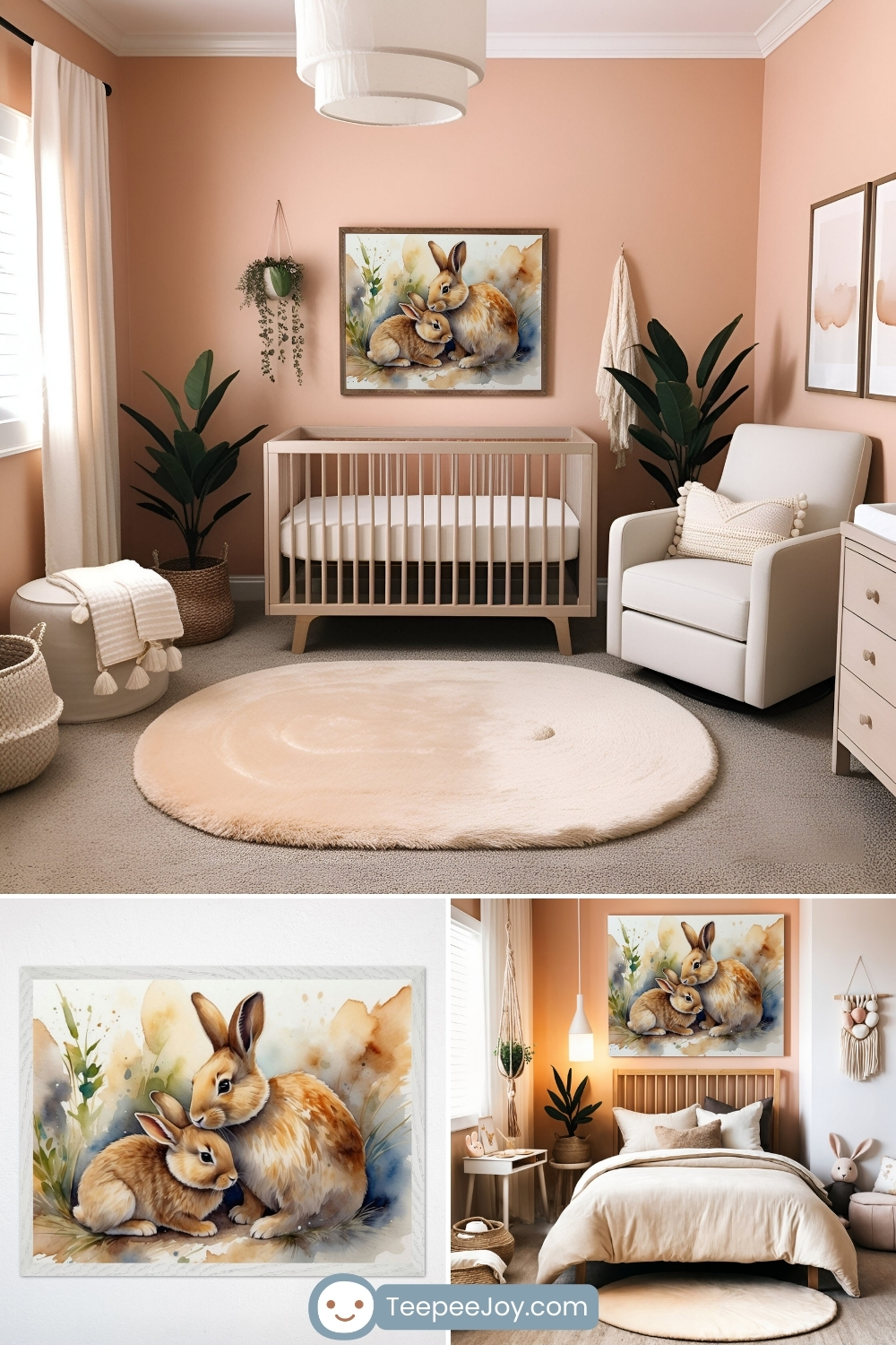 Beautifully styled bunny-themed nursery with warm peach-colored walls, a wooden crib, and cozy decor. A large framed watercolor painting of two cuddling rabbits hangs above the crib, complementing the soft neutral tones of the room. The space features a plush round rug, a white armchair with a textured pillow, potted plants, and woven baskets for storage. Below, a close-up of the bunny artwork is shown alongside a bedroom with matching decor, highlighting the painting as a central design element. The "TeepeeJoy.com" logo appears at the bottom.
