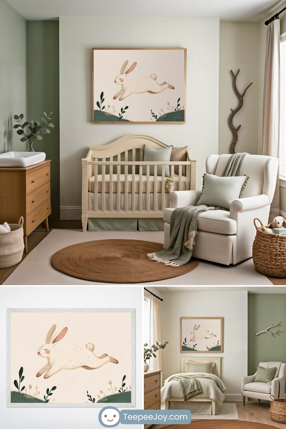 Nature-inspired bunny-themed nursery with soft sage green and cream walls, featuring a classic wooden crib. Above the crib hangs a framed illustration of a joyful white bunny mid-leap over rolling green hills with delicate wildflowers. The room is styled with an earthy round jute rug, a cozy white armchair draped with a sage throw, and a wooden dresser topped with greenery. Below, a close-up of the leaping bunny artwork is displayed alongside a coordinating bedroom setup with similar warm natural tones, soft bedding, and organic decor elements. The "TeepeeJoy.com" logo appears at the bottom.