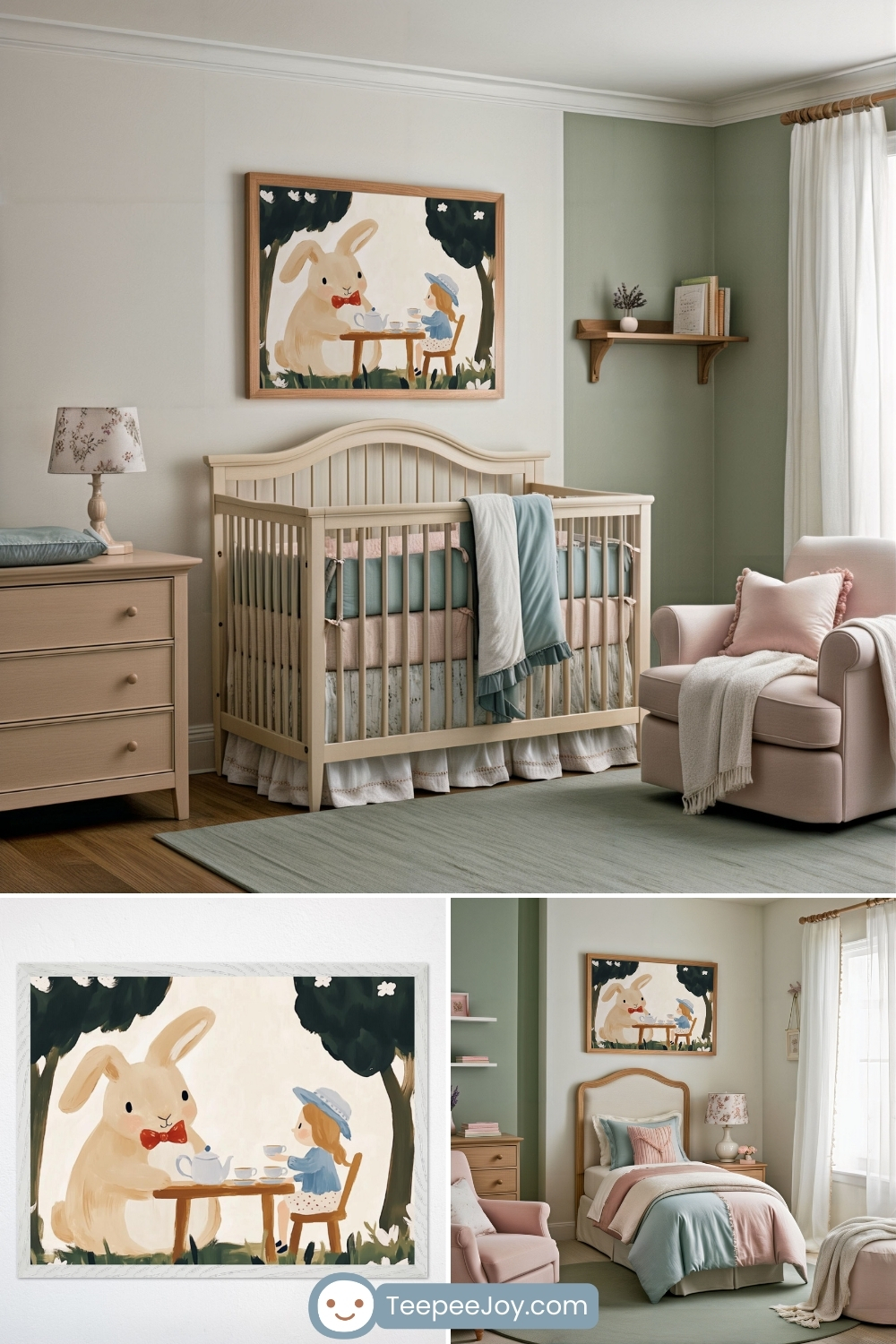 Nursery with a navy blue crib and soft pastel decor. A framed painting above the crib features an illustration of a child and a bunny cuddling under a starry night sky. The room is styled with warm lighting, star-shaped wall lights, a plush area rug, and a white rocking chair with a beige cushion, creating a serene and inviting atmosphere.