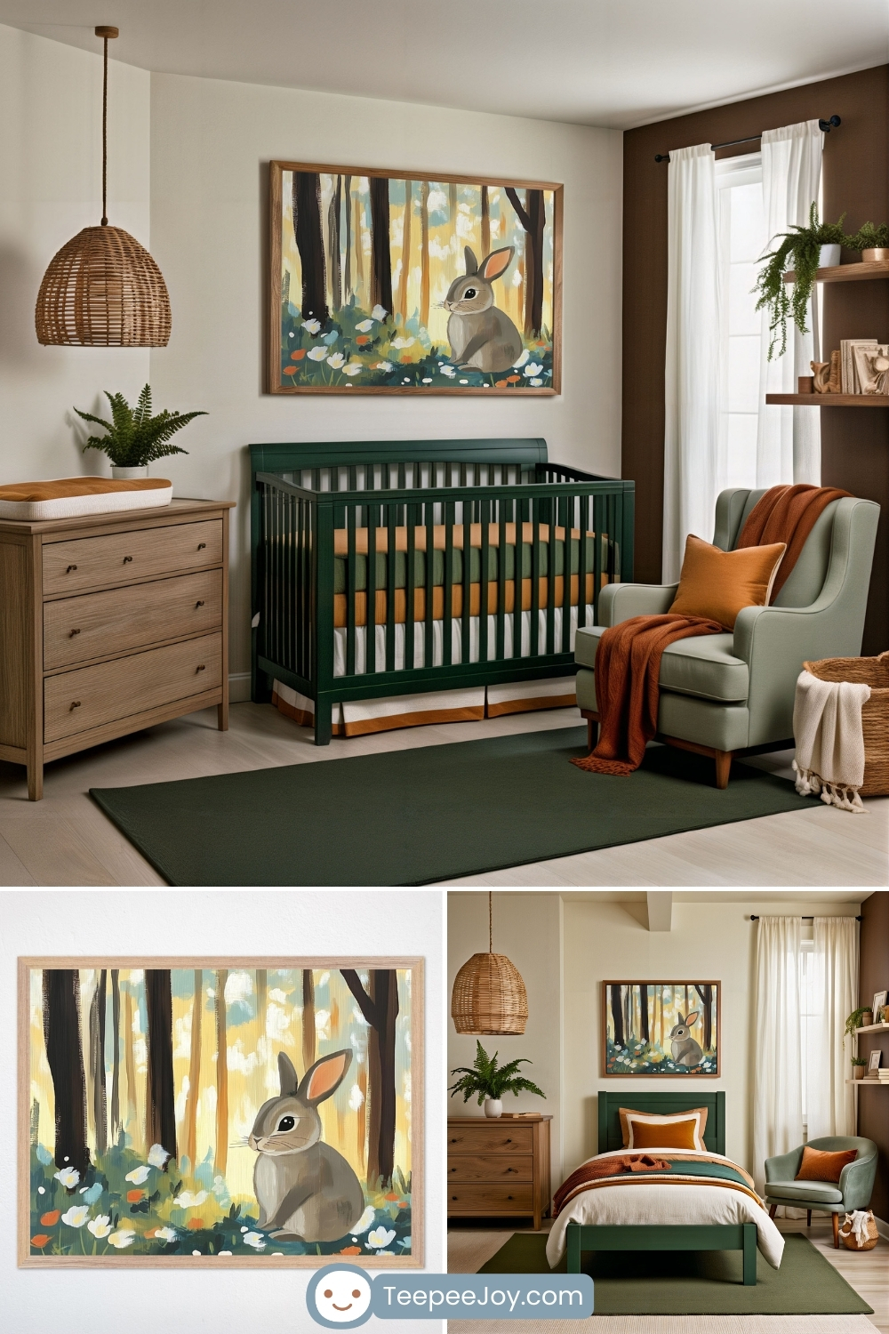 Nature-inspired nursery featuring a dark green crib, earthy tones, and woodland decor. A large framed painting above the crib showcases a rabbit sitting in a sunlit forest, surrounded by wildflowers. The room includes a sage green armchair with an orange throw blanket, a woven pendant light, wooden furniture, and potted plants, creating a cozy and natural ambiance.